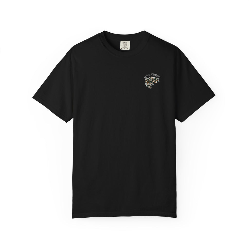 Black t-shirt with a small bass fishing design and Southern Seaside Co logo on the chest.