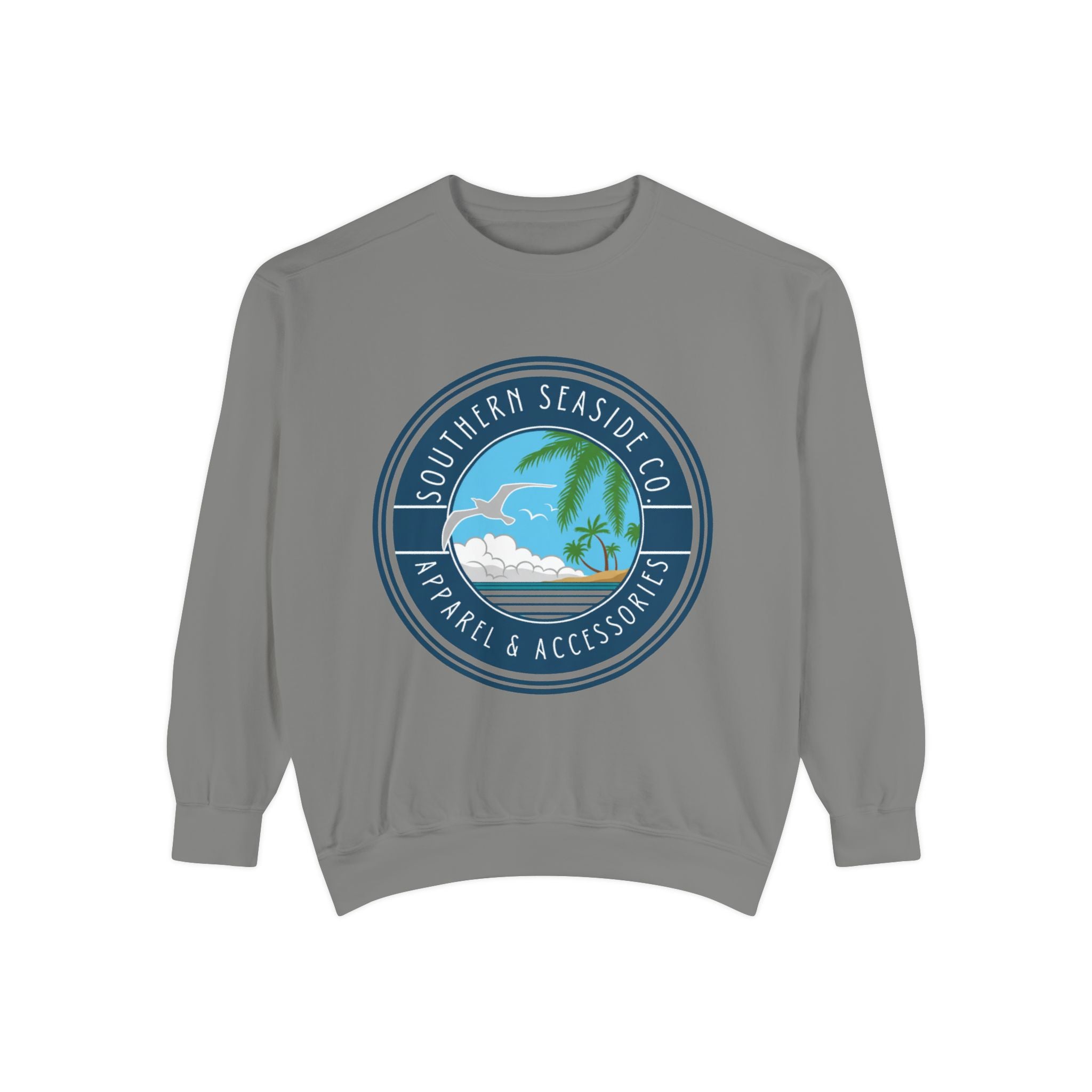 Gray sweatshirt with a beach-themed  Southern Seaside Co logo on a white background