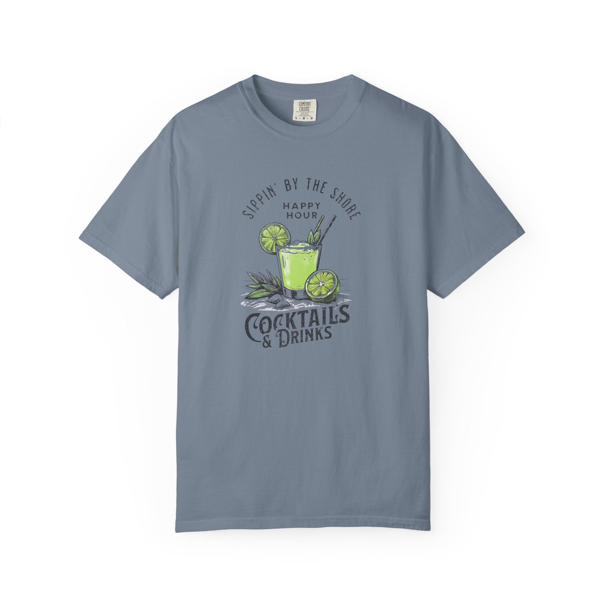 Gray t-shirt with cocktail graphic and text on a white background