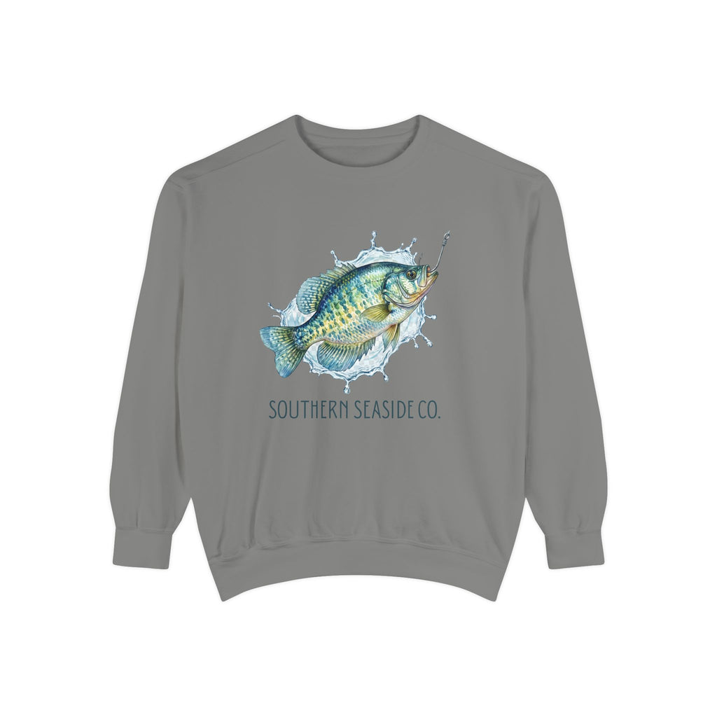 Gray crappie fishing sweatshirt with a crappie fish graphic and 'Southern Seaside Co.' logo