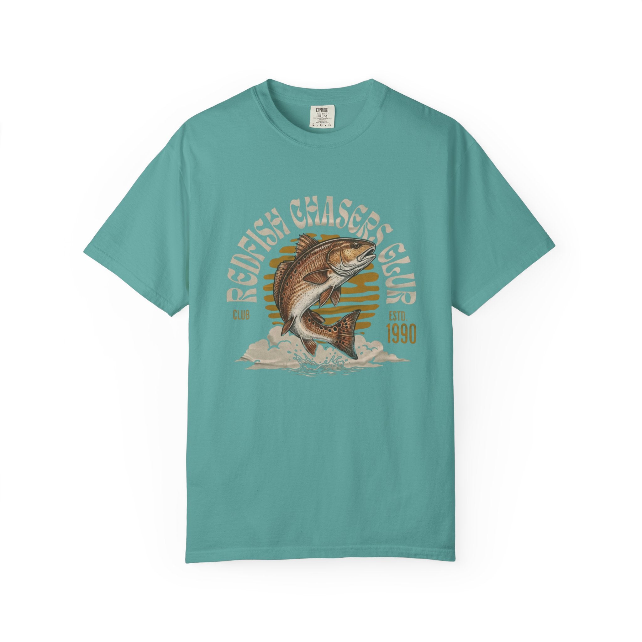 Teal t-shirt with a redfish graphic and text on a white background