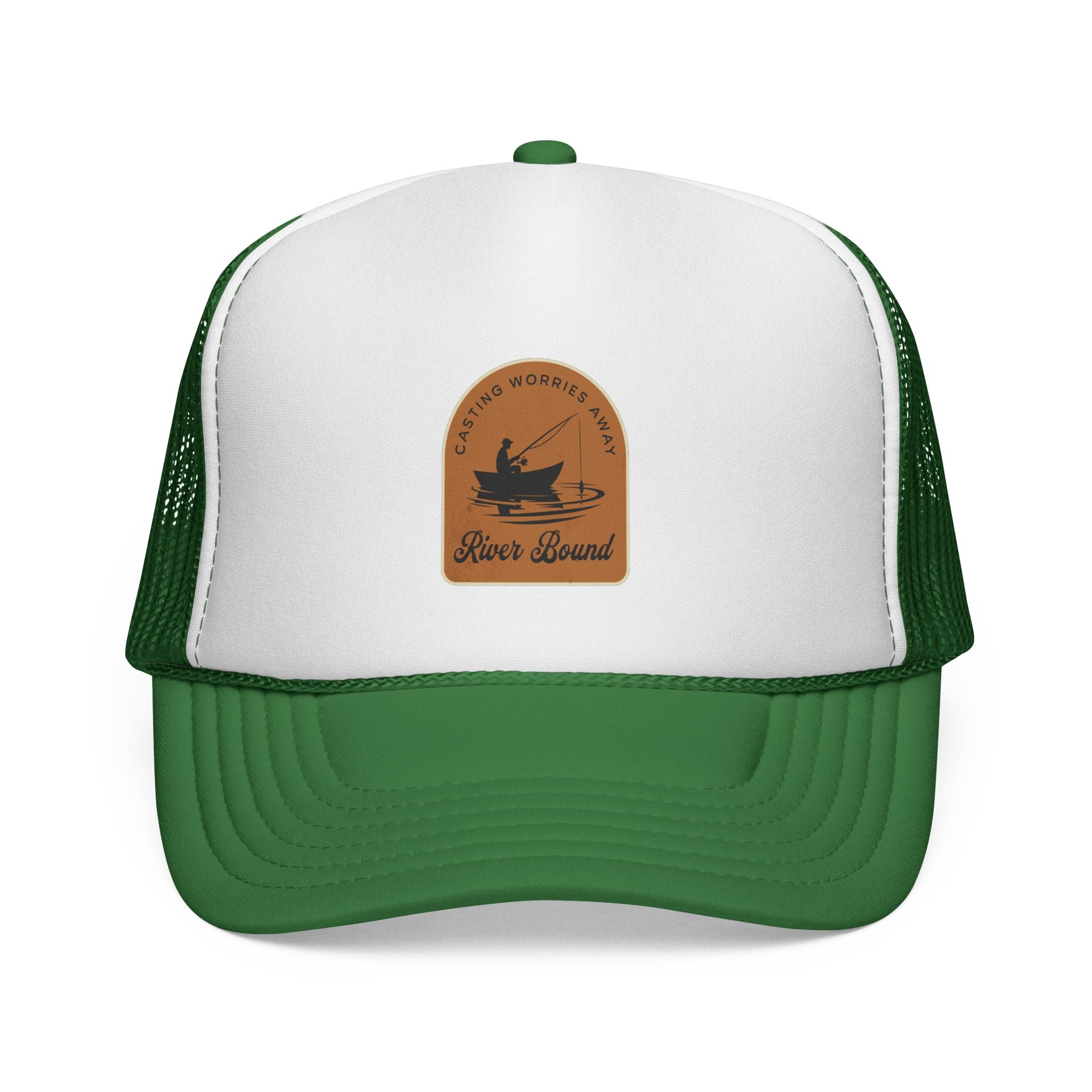 River Fishing Hat. A Green and white cap with a brown patch featuring a fishing design on a white background