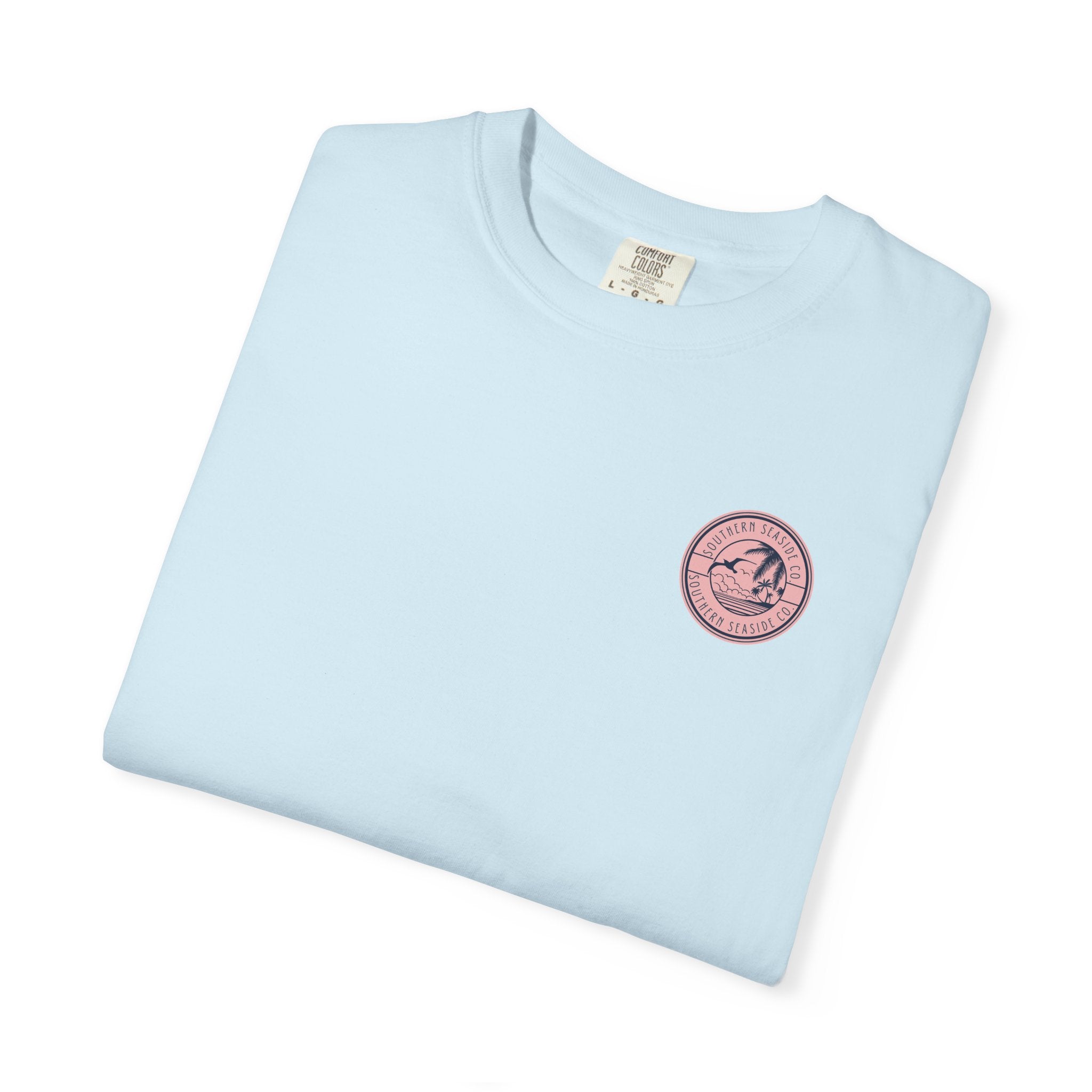 Light blue t-shirt with a pink logo on a white background