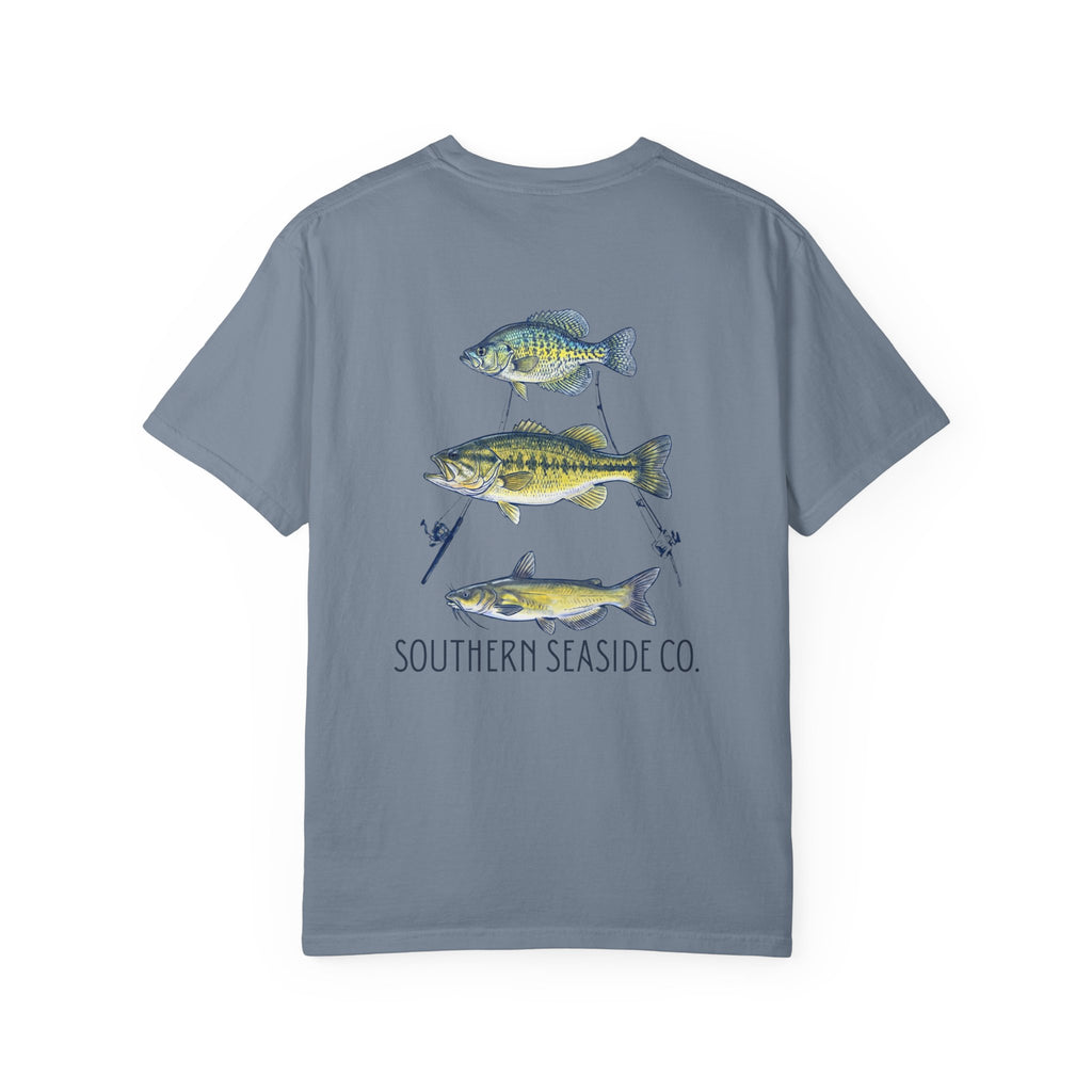 blue t-shirt with fish illustrations and 'Southern Seaside Co.' logo background