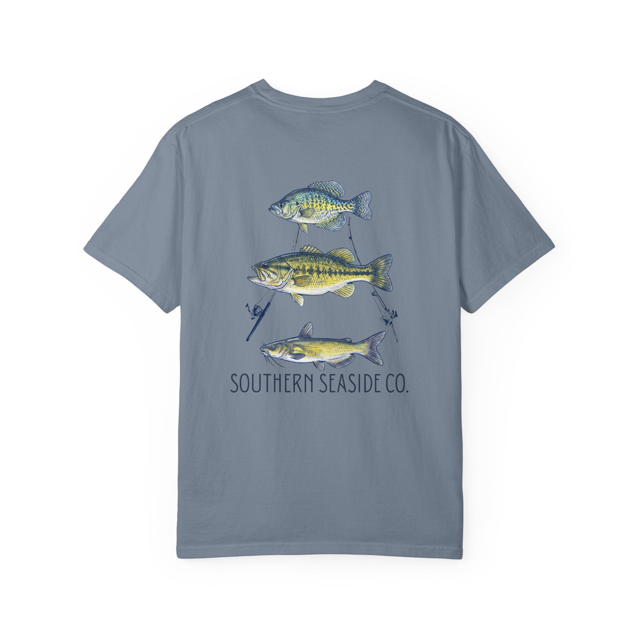 blue t-shirt with fish illustrations and 'Southern Seaside Co.' logo background