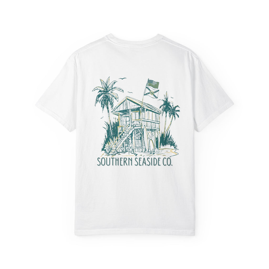 White t-shirt with a beach house graphic and 'Southern Seaside Co.' text on a white background