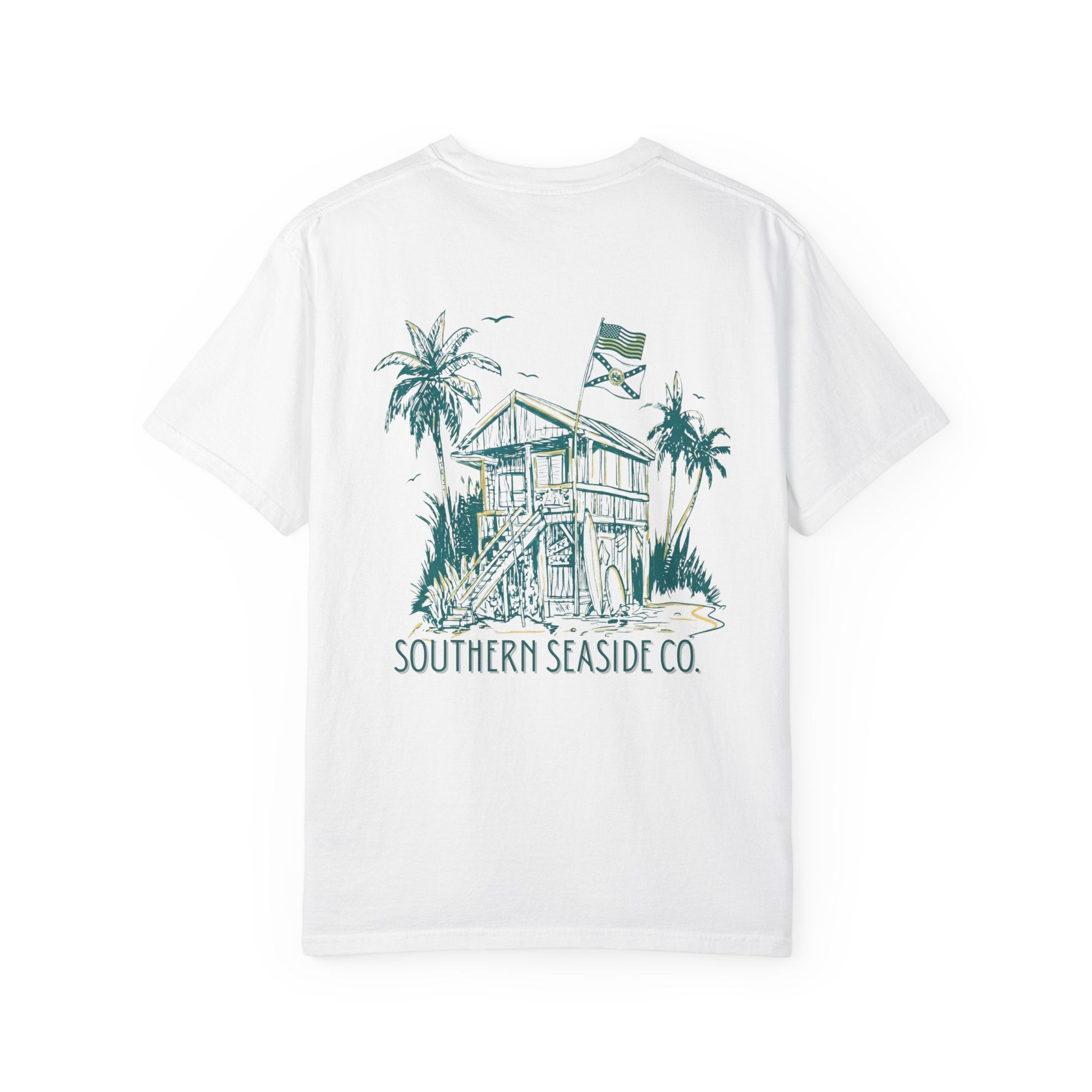 White t-shirt with a beach house graphic and 'Southern Seaside Co.' text on a white background