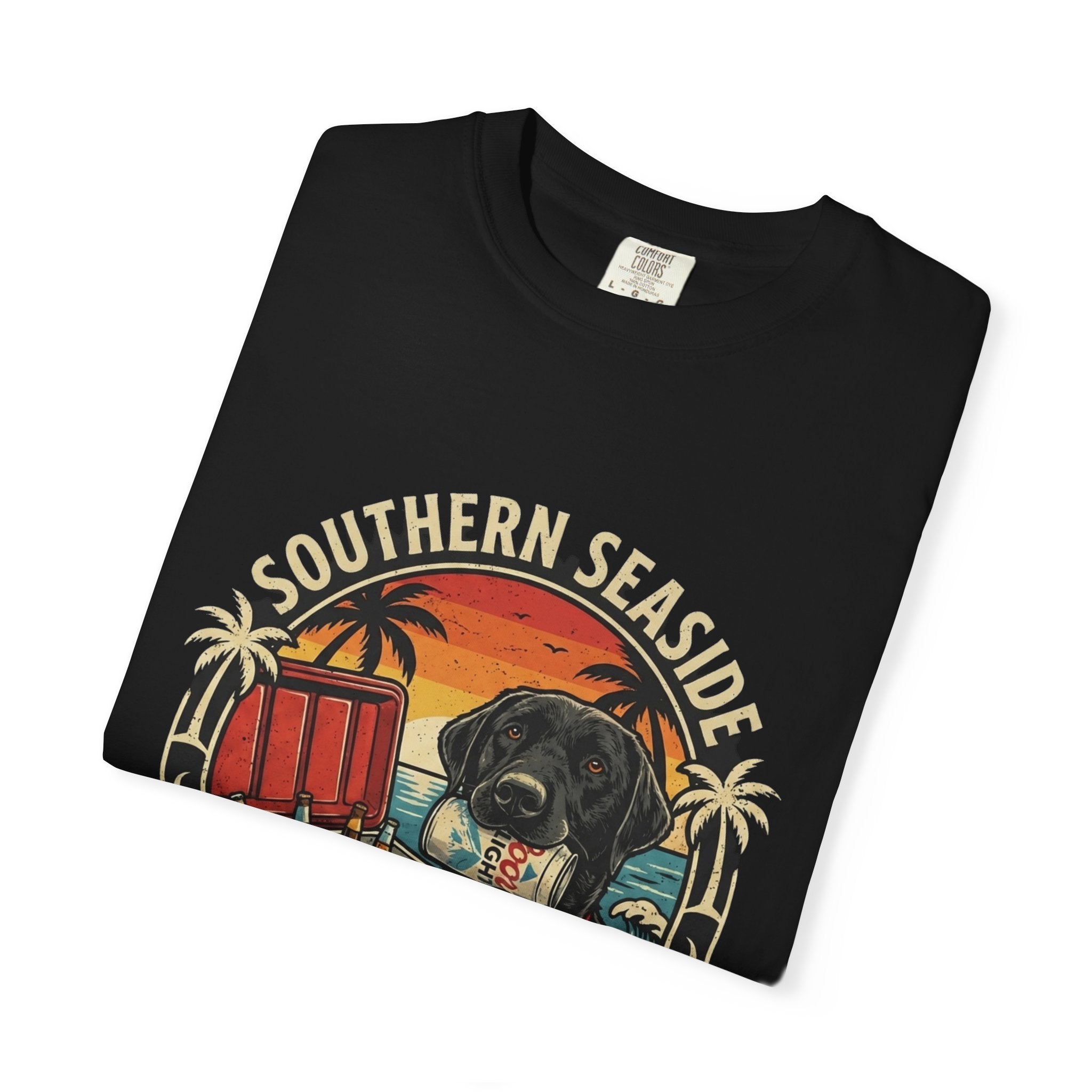 Black t-shirt with 'Southern Seaside' design featuring a dog with a beer in his mouth and beach elements on a white background.