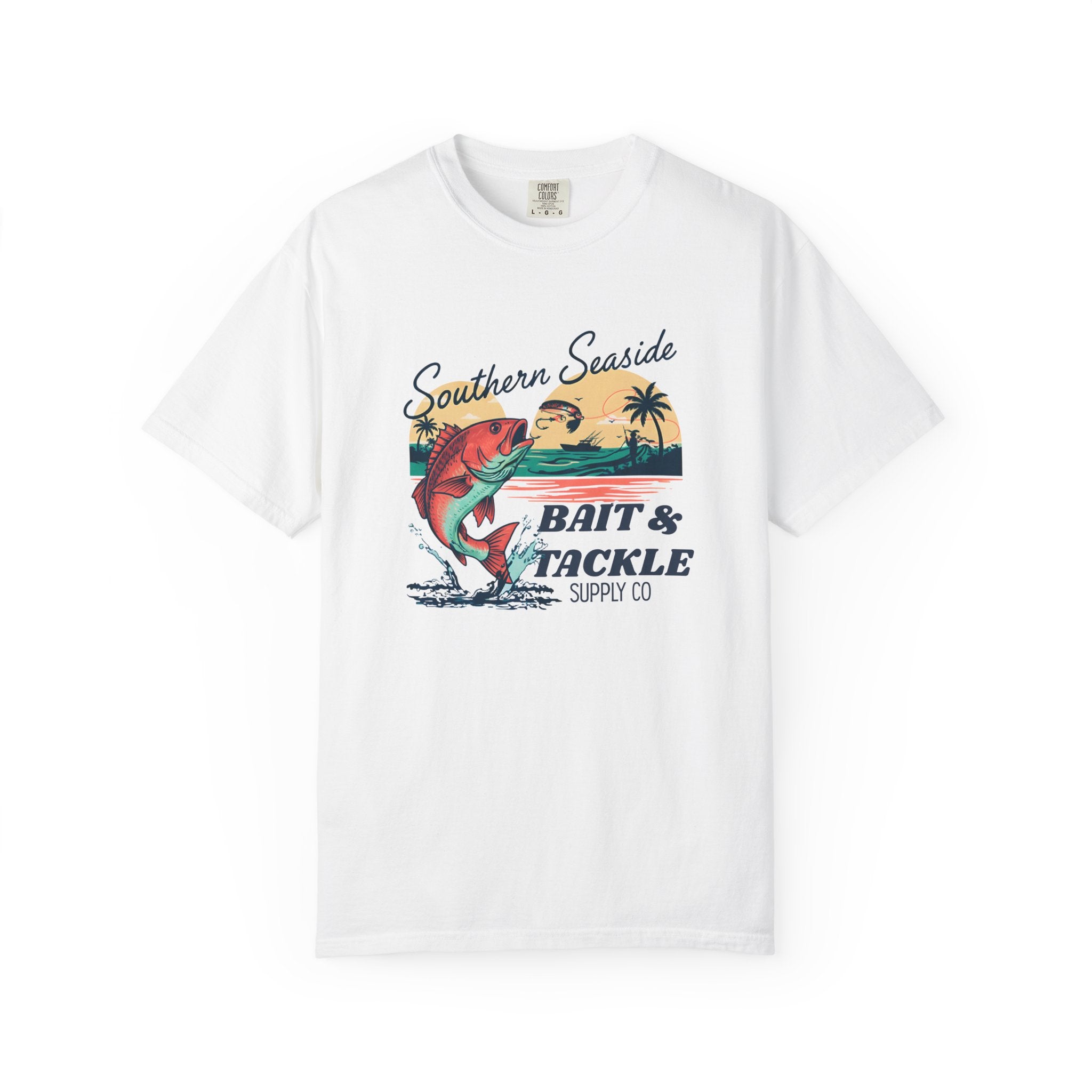 White t-shirt with 'Southern Seaside Bait & Tackle' graphic design on a white background