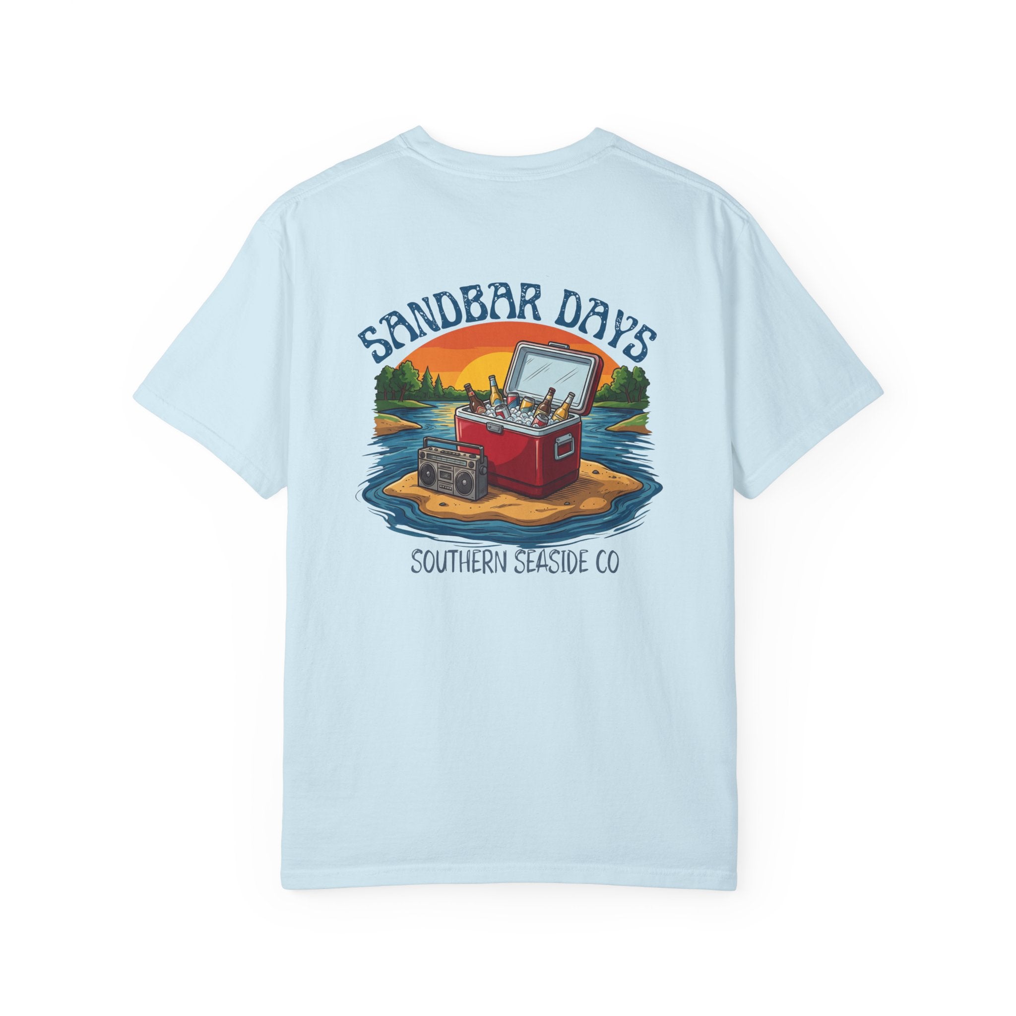 Light blue t-shirt with a graphic design on the back featuring a cooler and people by a lake, with 'Sandbar Days' and 'Southern Seaside Co.' text.