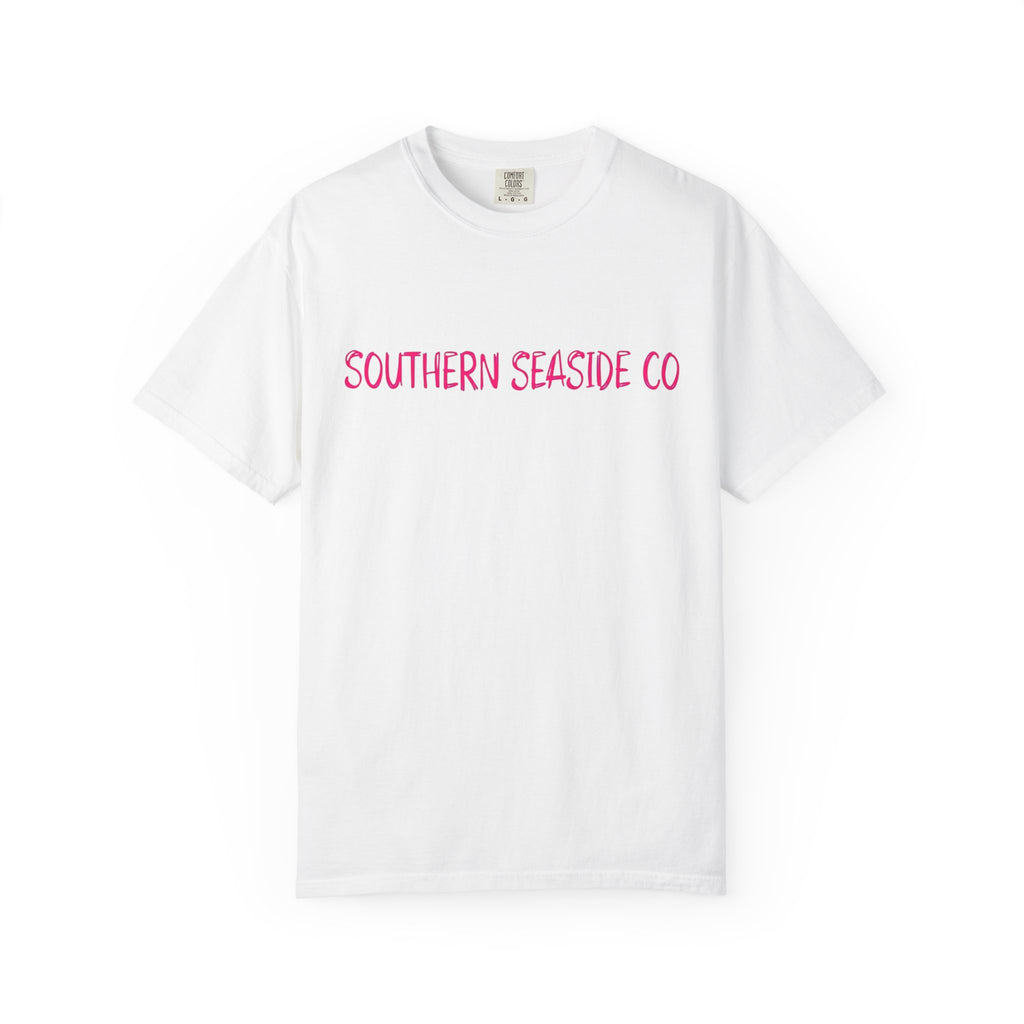 White t-shirt with 'SOUTHERN SEASIDE CO' text in pink on a white background