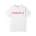 White t-shirt with 'SOUTHERN SEASIDE CO' text in pink on a white background