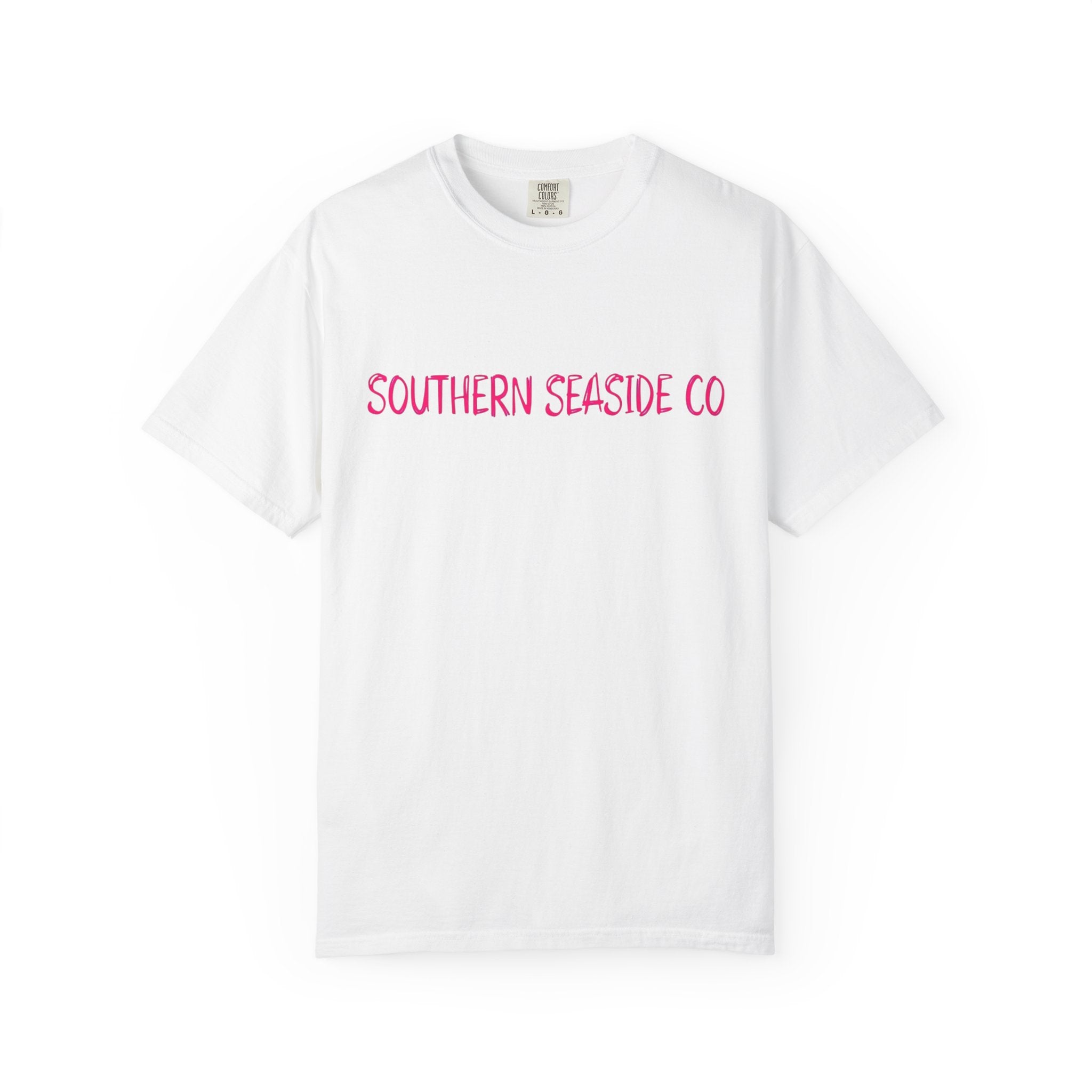White t-shirt with 'SOUTHERN SEASIDE CO' text in pink on a white background