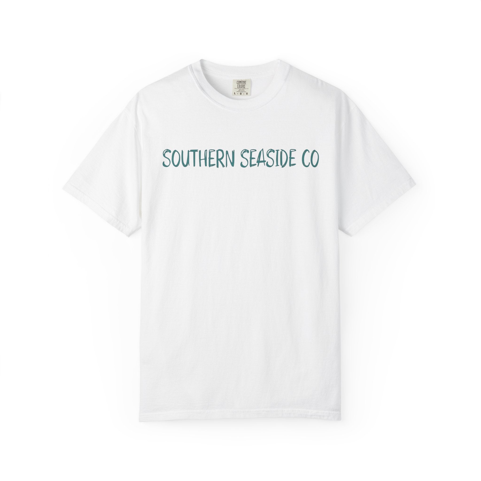 White t-shirt with 'SOUTHERN SEASIDE CO' text on a white background