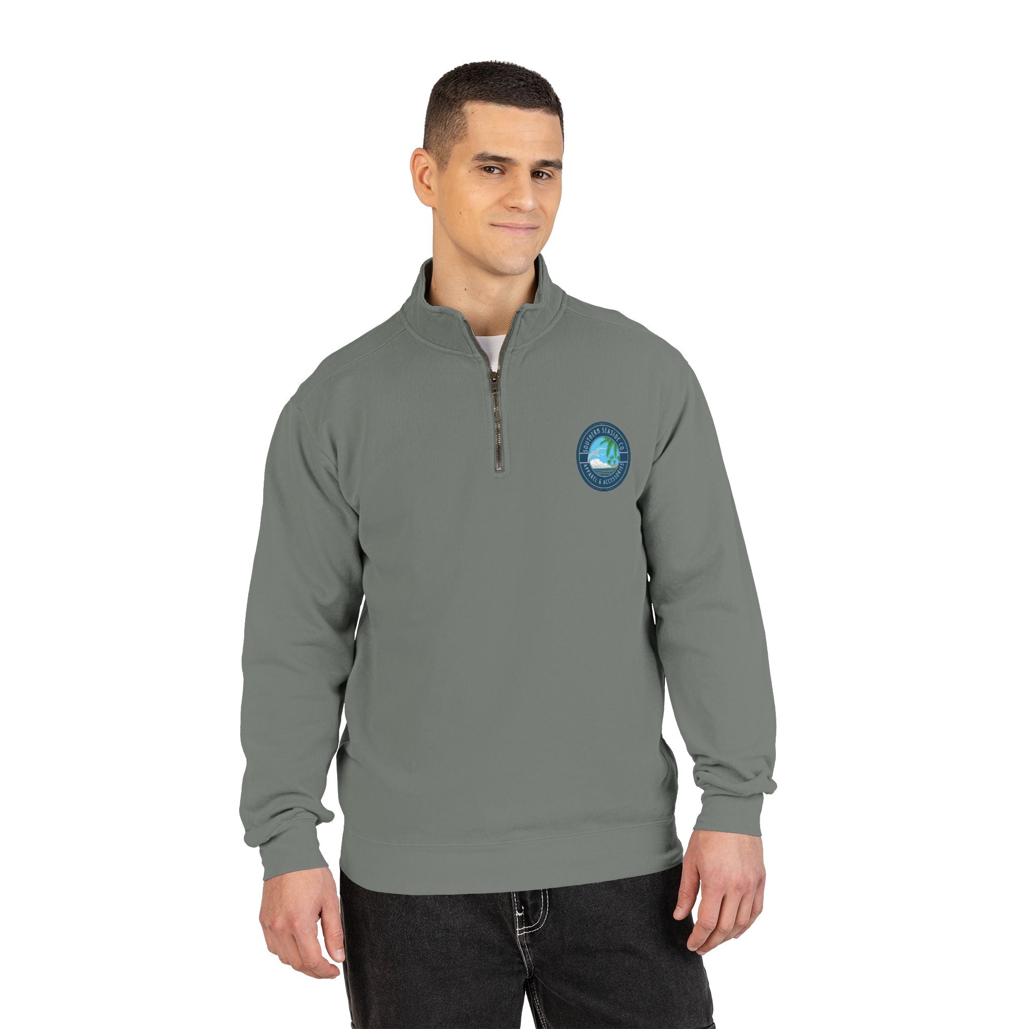 Man wearing a gray Comfort Colors Quarter Zip Sweatshirt pullover with a Southern Seaside Company logo on a white background