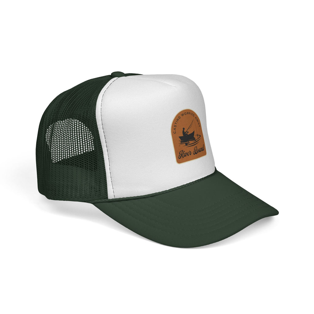 River fishing cap. Green and white trucker cap with a brown leather patch on a white background
