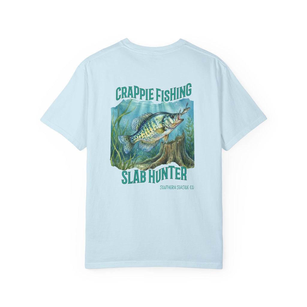 Crappie Fishing blue t-shirt with crappie fishing graphic 
