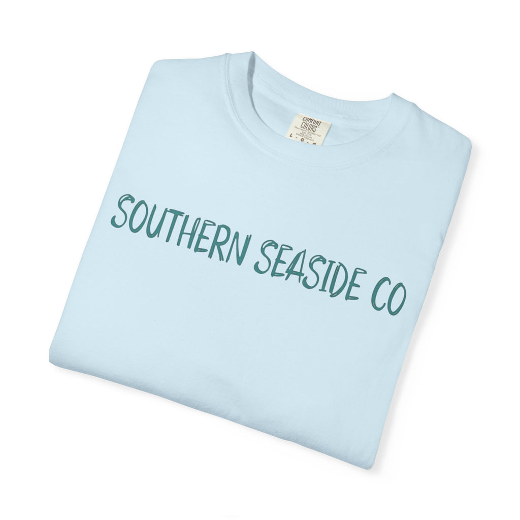 Light blue t-shirt with 'Southern Seaside Co' text on a white background