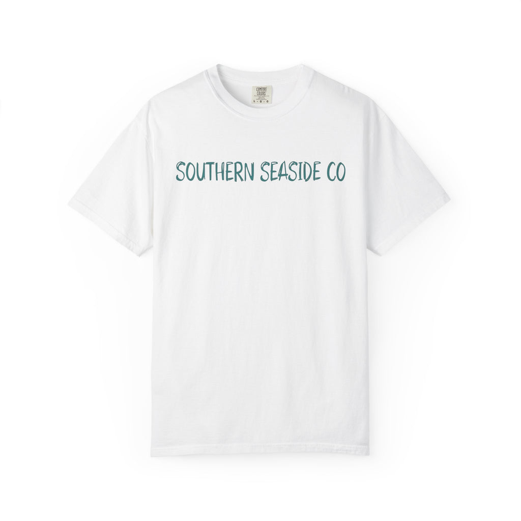 White t-shirt with 'SOUTHERN SEASIDE CO' text on a white background