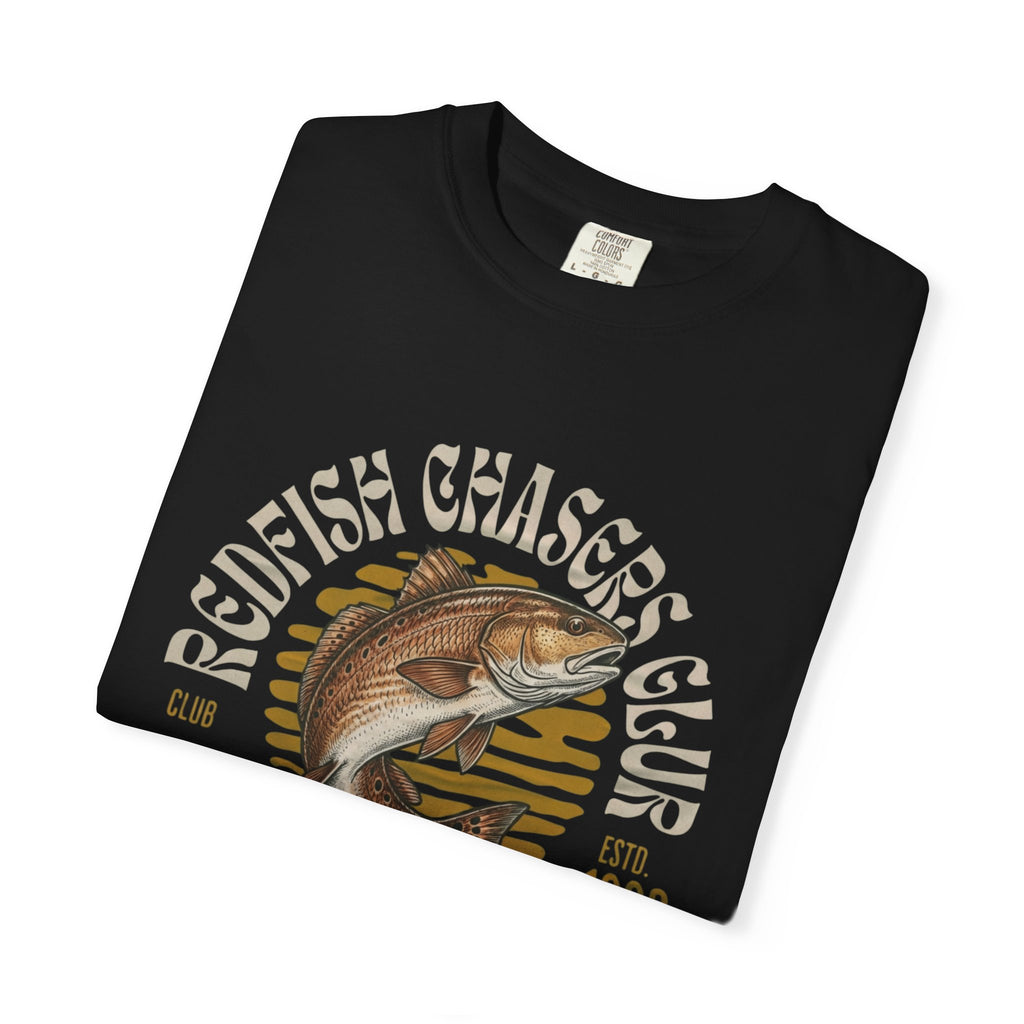 Black t-shirt with redfish graphic and 'Redfish Chasers Club' text on a white background