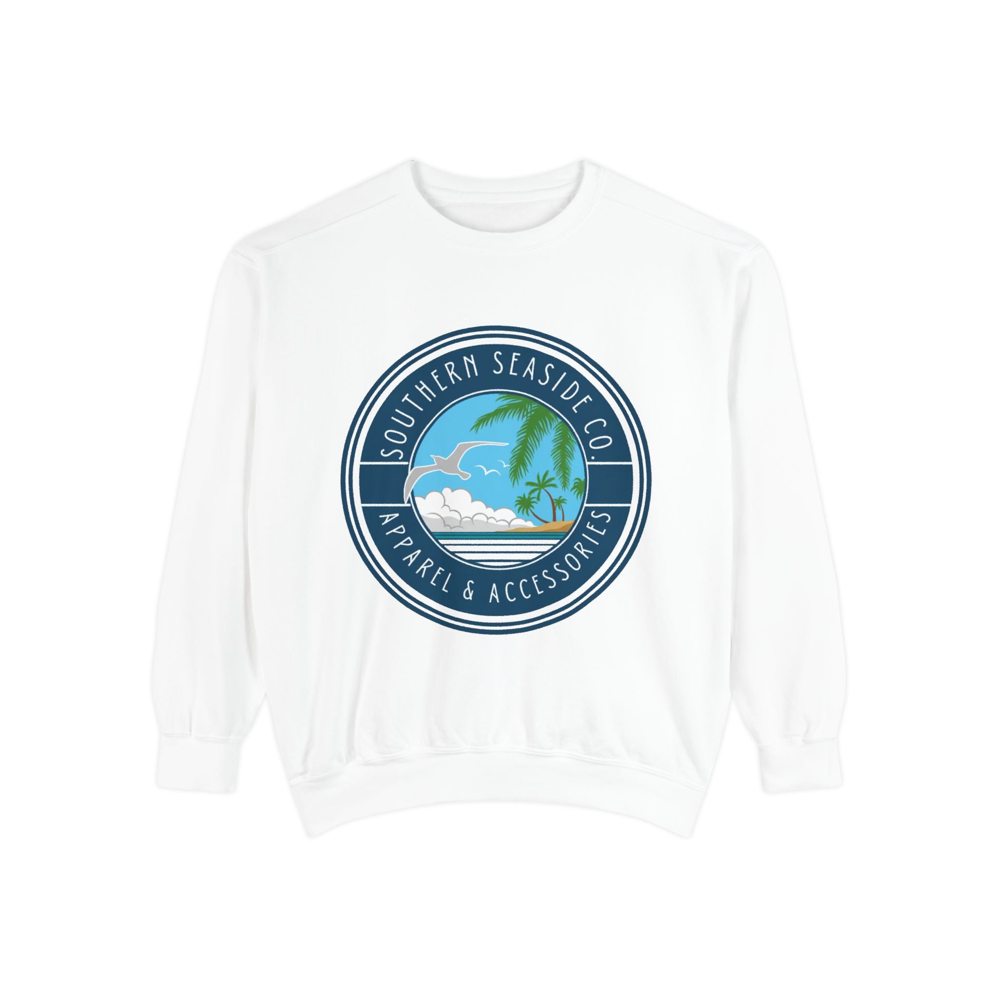 White sweatshirt with a Southern Seaside Co logo on a white background