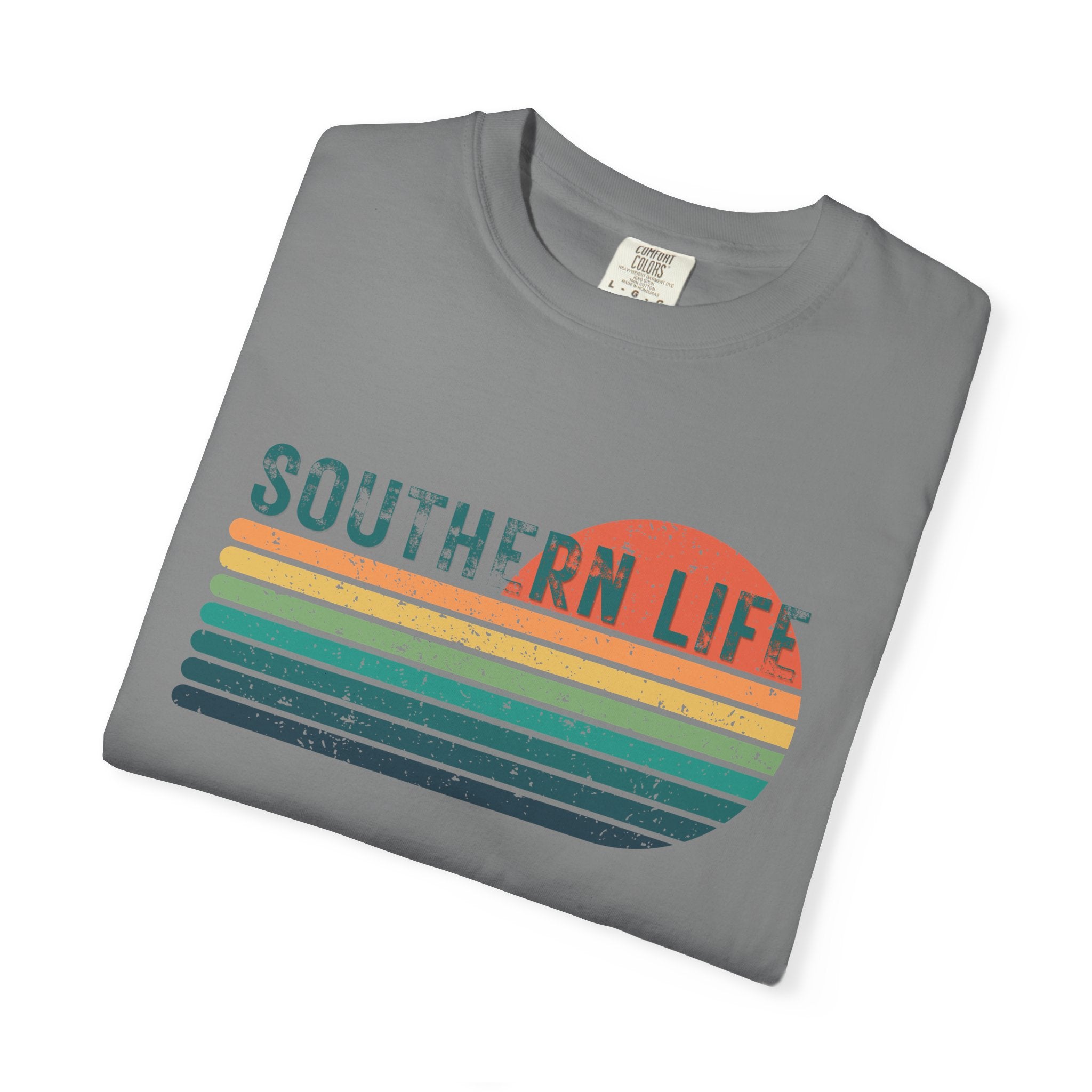 Folded gray t-shirt with 'Southern Life' graphic on a white background