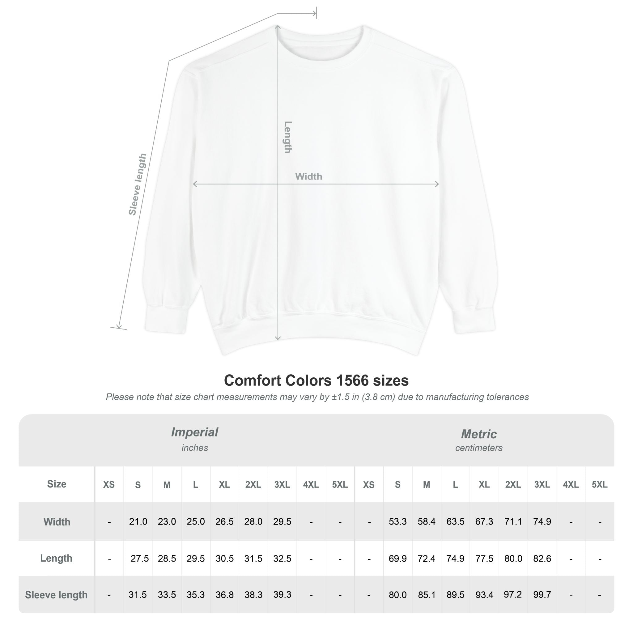 Measurement chart for a Comfort Colors Sweatshirt with dimensions labeled on a white background