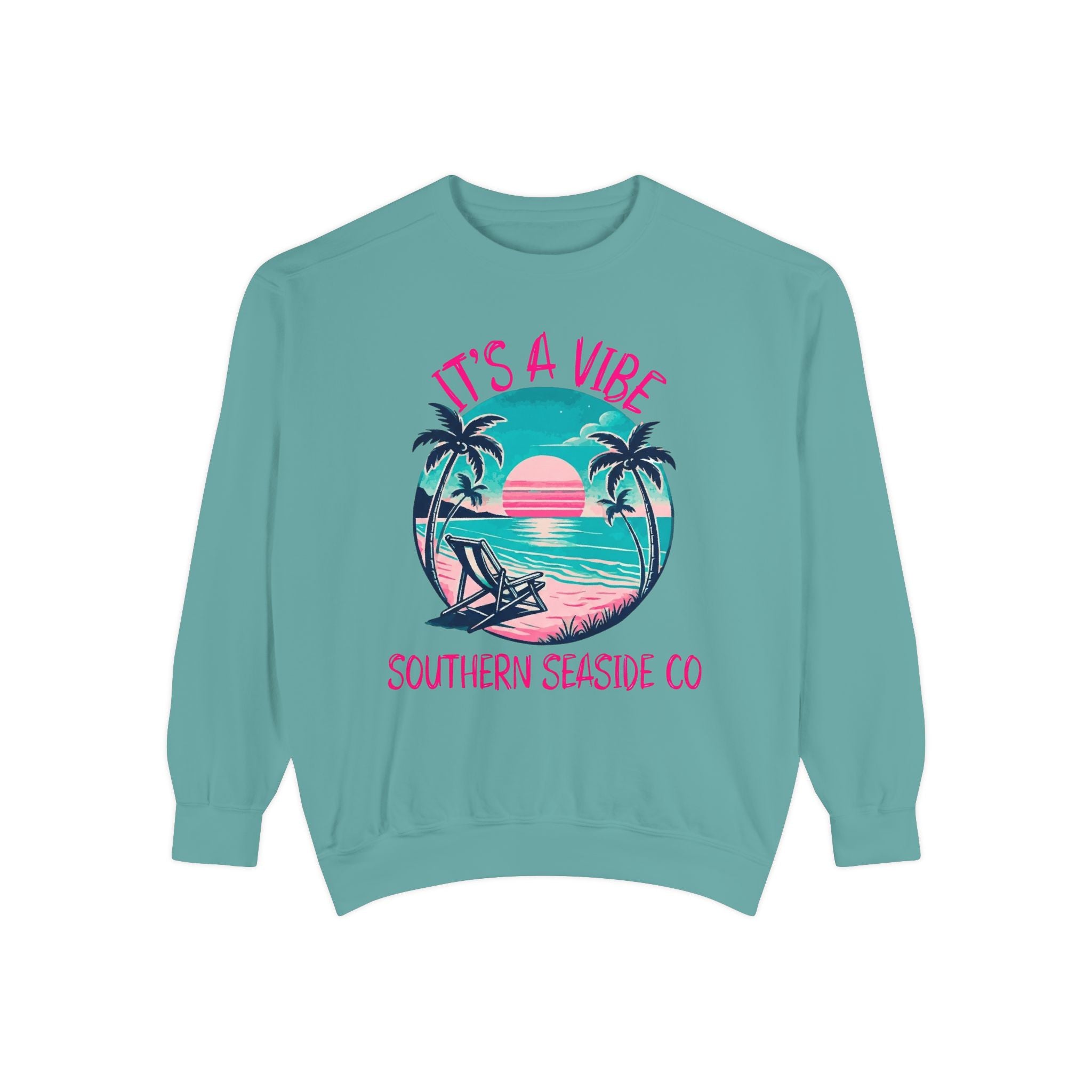 Teal sweatshirt with a beach graphic and text It's A Vibe Southern Seaside Co Logo image 