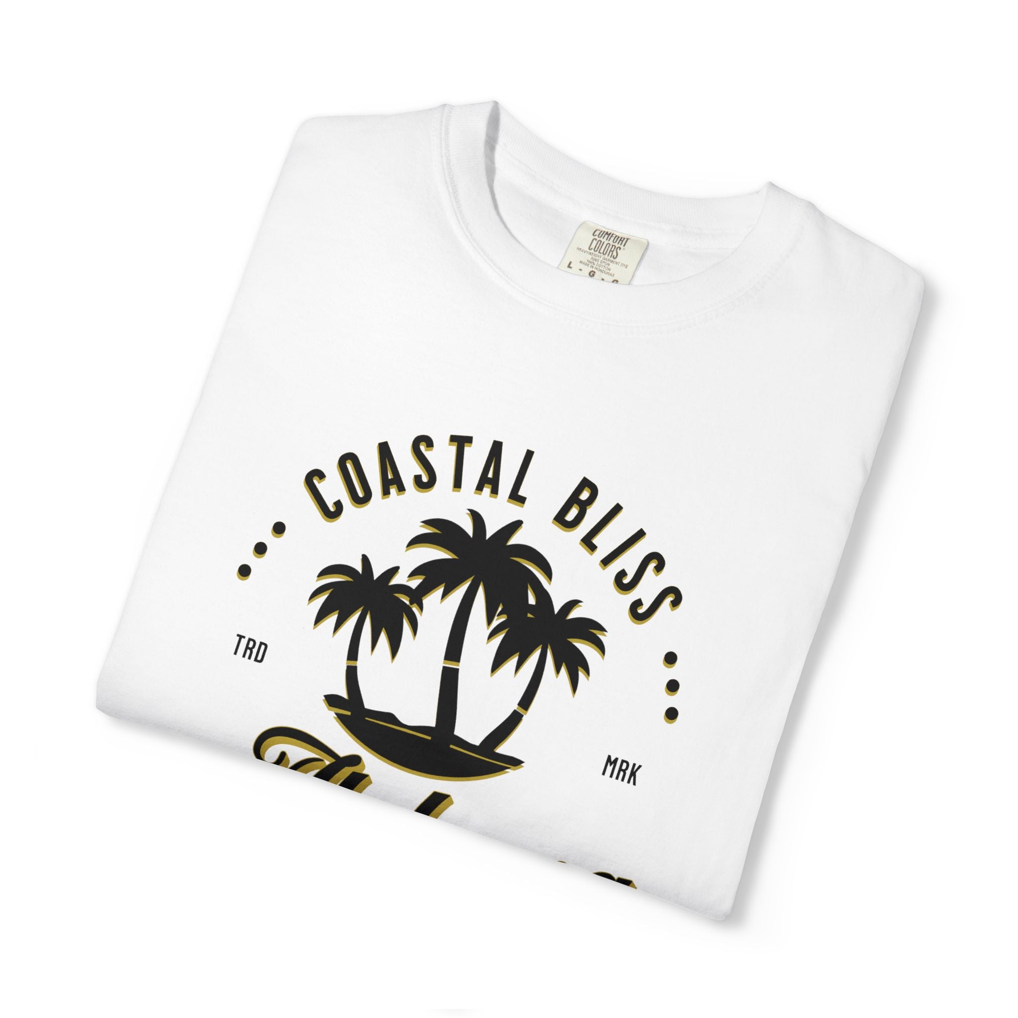 White t-shirt with 'Coastal Bliss' design featuring palm trees on a white background