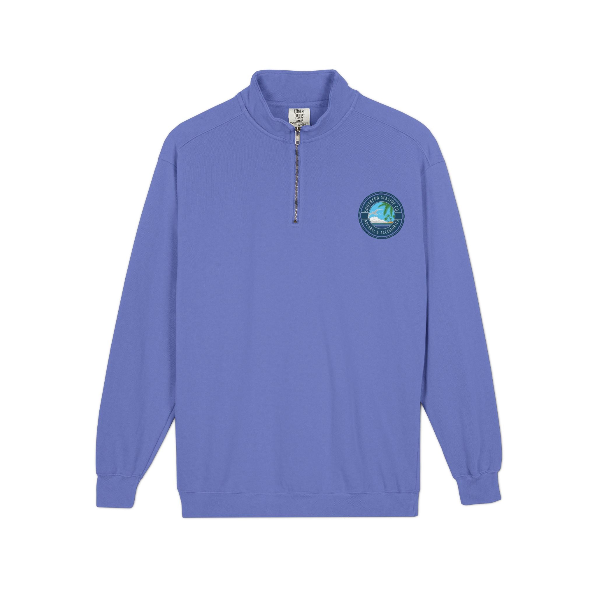 Blue long-sleeve quarter zip sweatshirt with a Southern Seaside Company logo on the chest against a white background