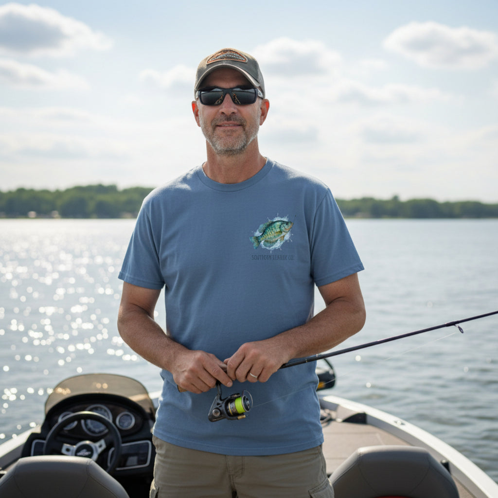 Man wearing a Comfort Colors Brand Crappie Fishing T-Shirt standing on a boat holding a fishing rod with water and sky in the background