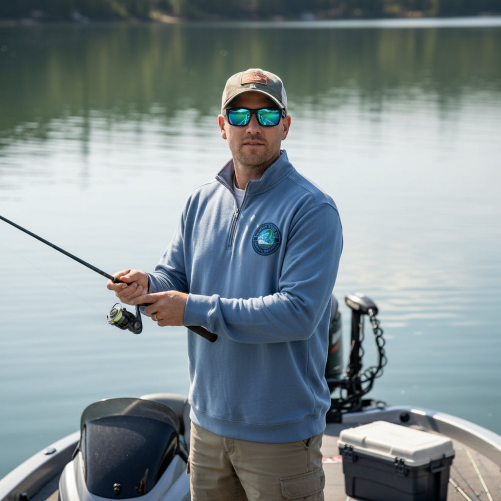 Man wearing a fishing sweatshirt that is Comfort Colors Quarter Zip sweatshirt with Southern Seaside Company logo on the chest.