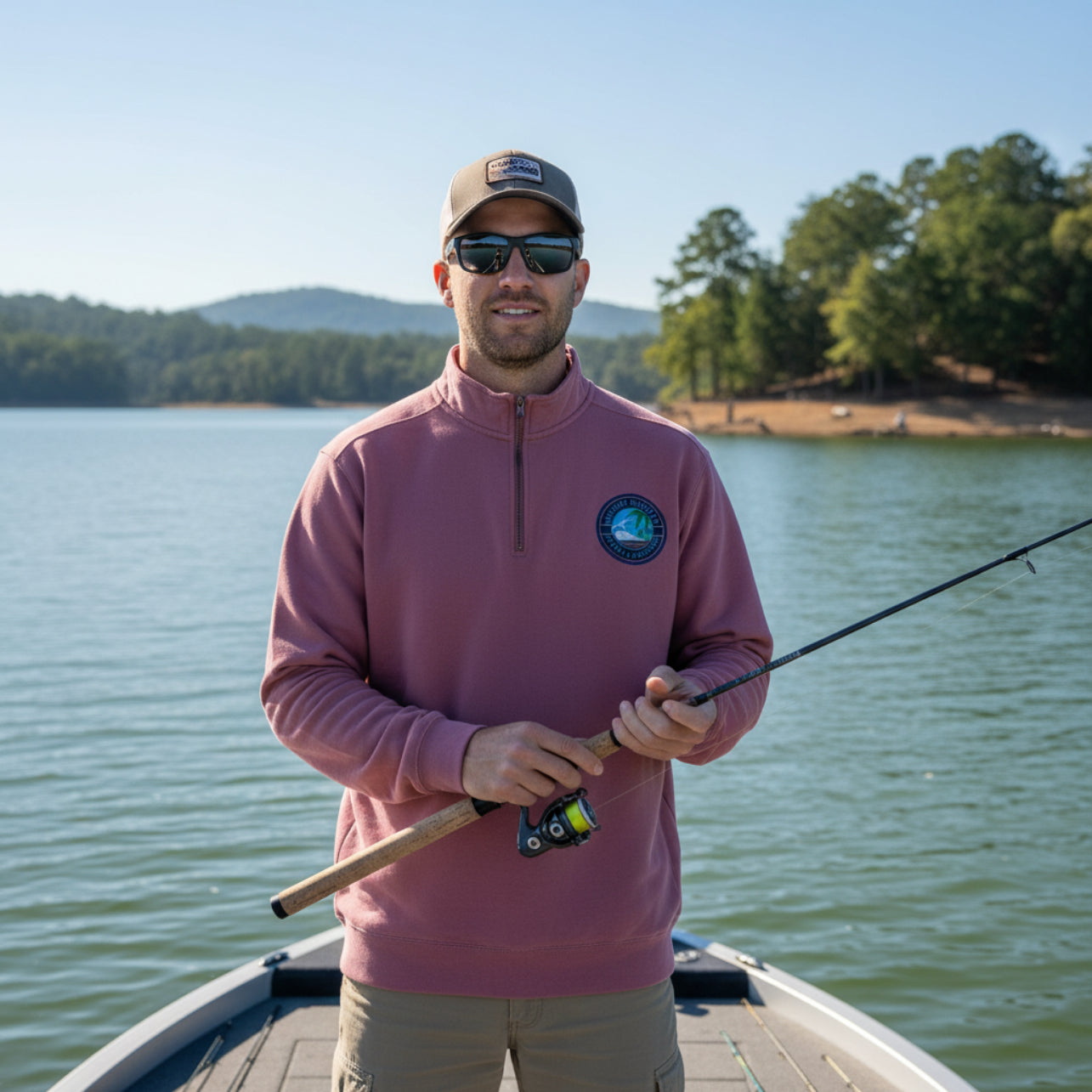 Man in cardinal red Quarter Zip Comfort Colors Sweatshirt pullover and sunglasses holding a fishing rod on a boat with a lake and trees in the background