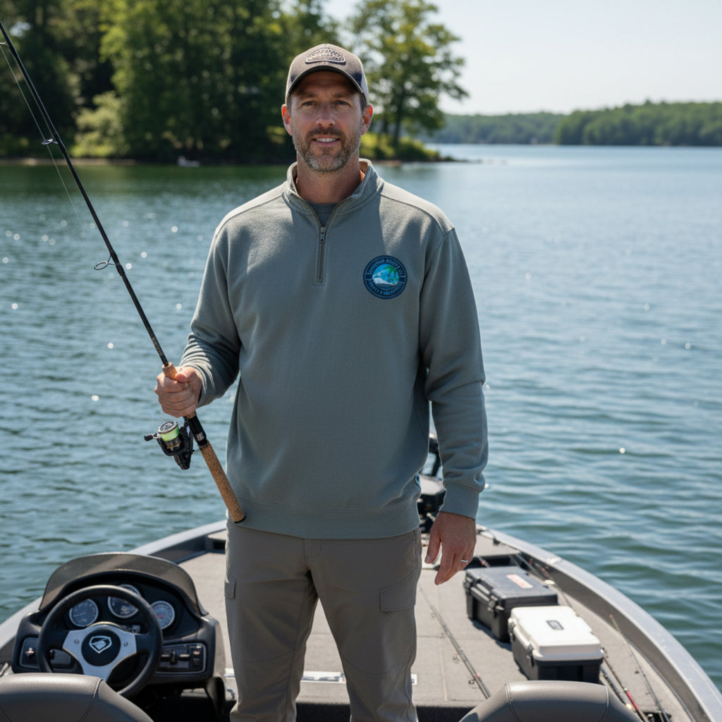 Man wearing the Comfort Colors Quarter Zip Sweatshirt with Southern Seaside Logo