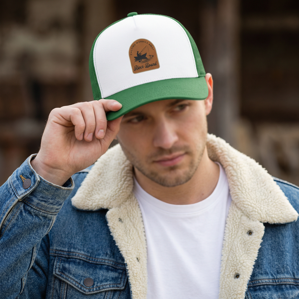 Man wearing a green and white fishing cap with a logo River Bound