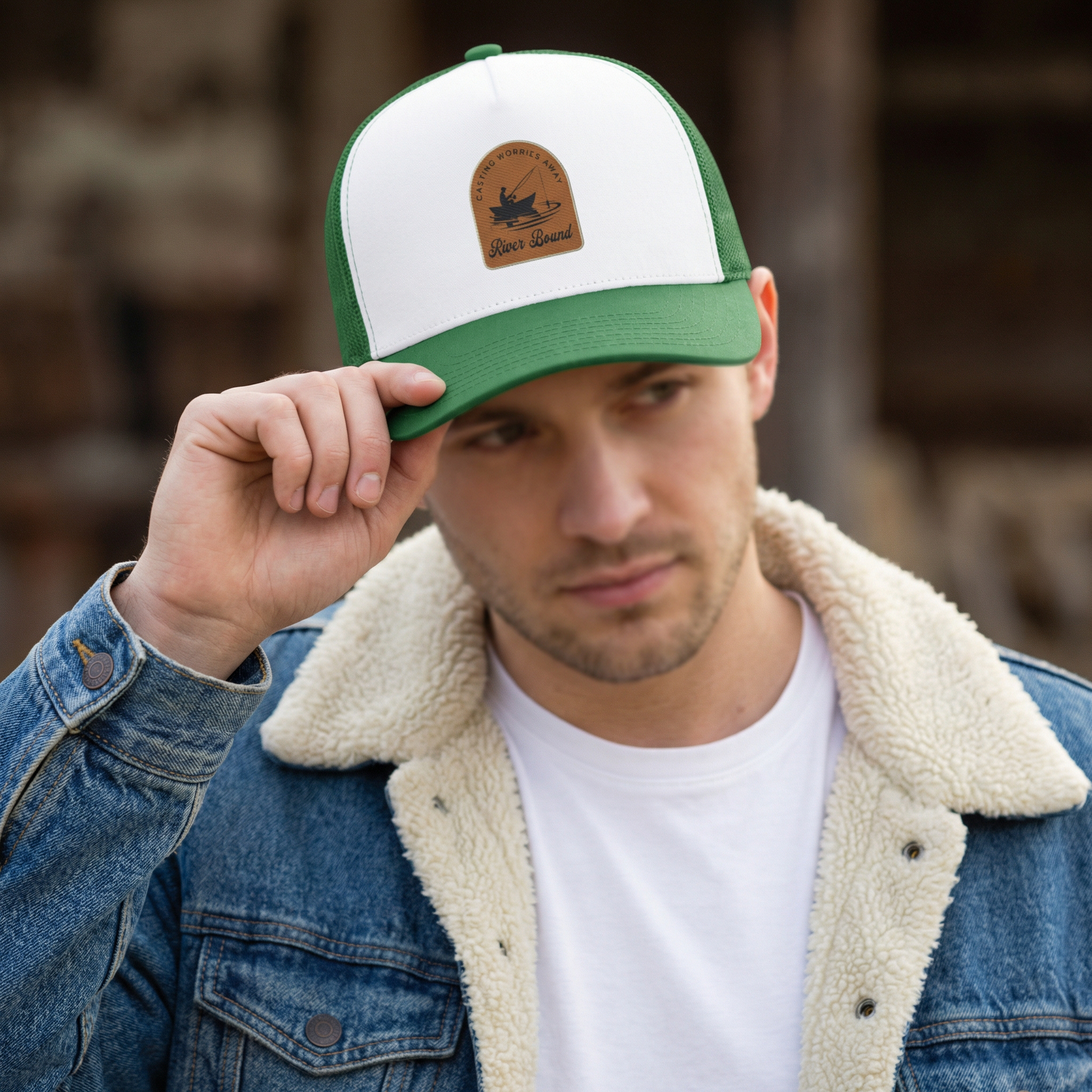 Man wearing a green and white fishing cap with a logo River Bound