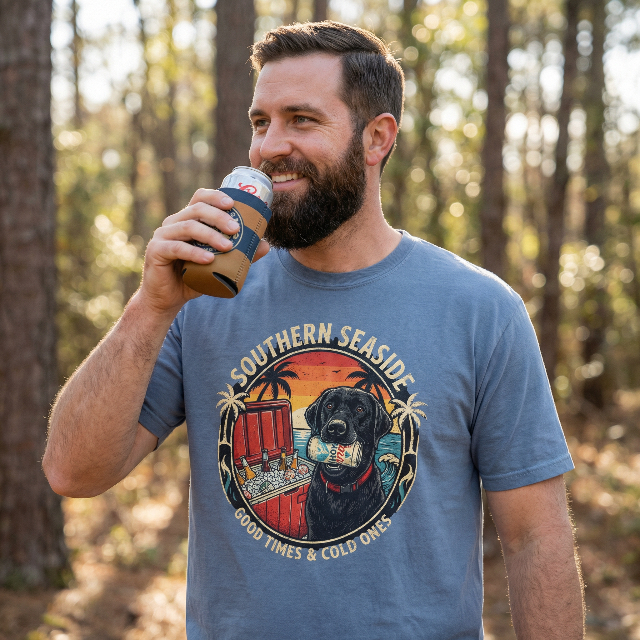 Beer Drinking Shirt. A man drinking from a beer can with a 'Southern Seaside' logo t-shirt featuring a dog holding a beer in his mouth with a cooler of beer beside him at the beach graphic 