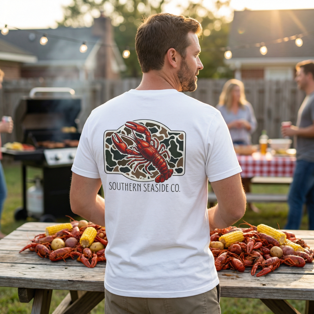 Crawfish T-Shirt. Man wearing a white t-shirt with a crawfish graphic and 'Southern Seaside Co' text, standing at a picnic table with crawfish and corn.