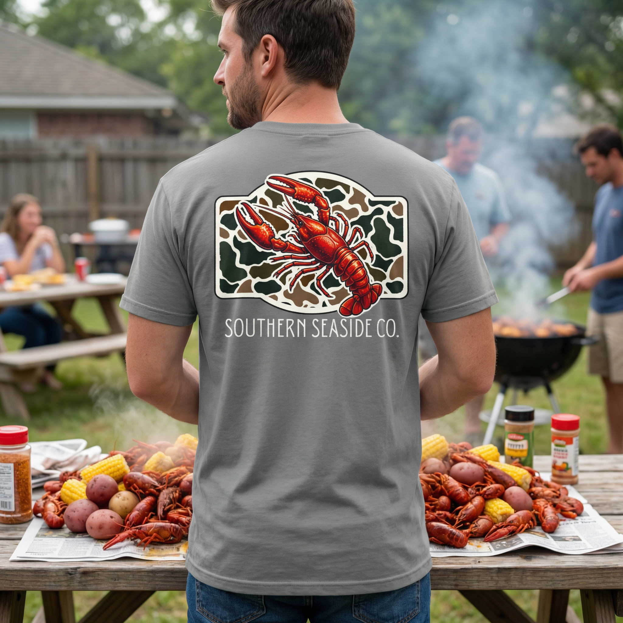 Crawfish T-Shirt. Man wearing a gray t-shirt with a crawfish graphic and 'Southern Seaside Co.' logo with a camo print background at a crawfish boil party.