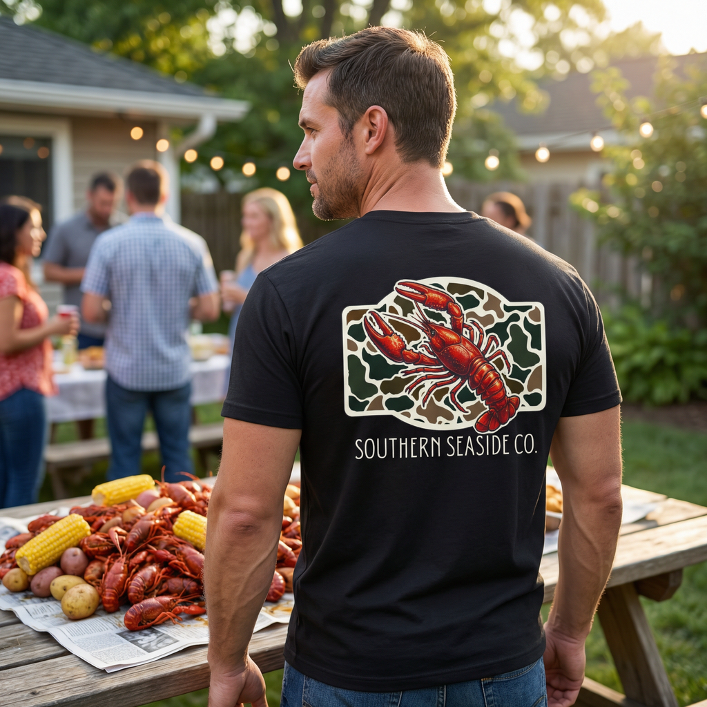 Men's Crawfish t-shirt. A man wearing a black t-shirt with a crawfish graphic with a camo print background and 'Southern Seaside Co.' logo image