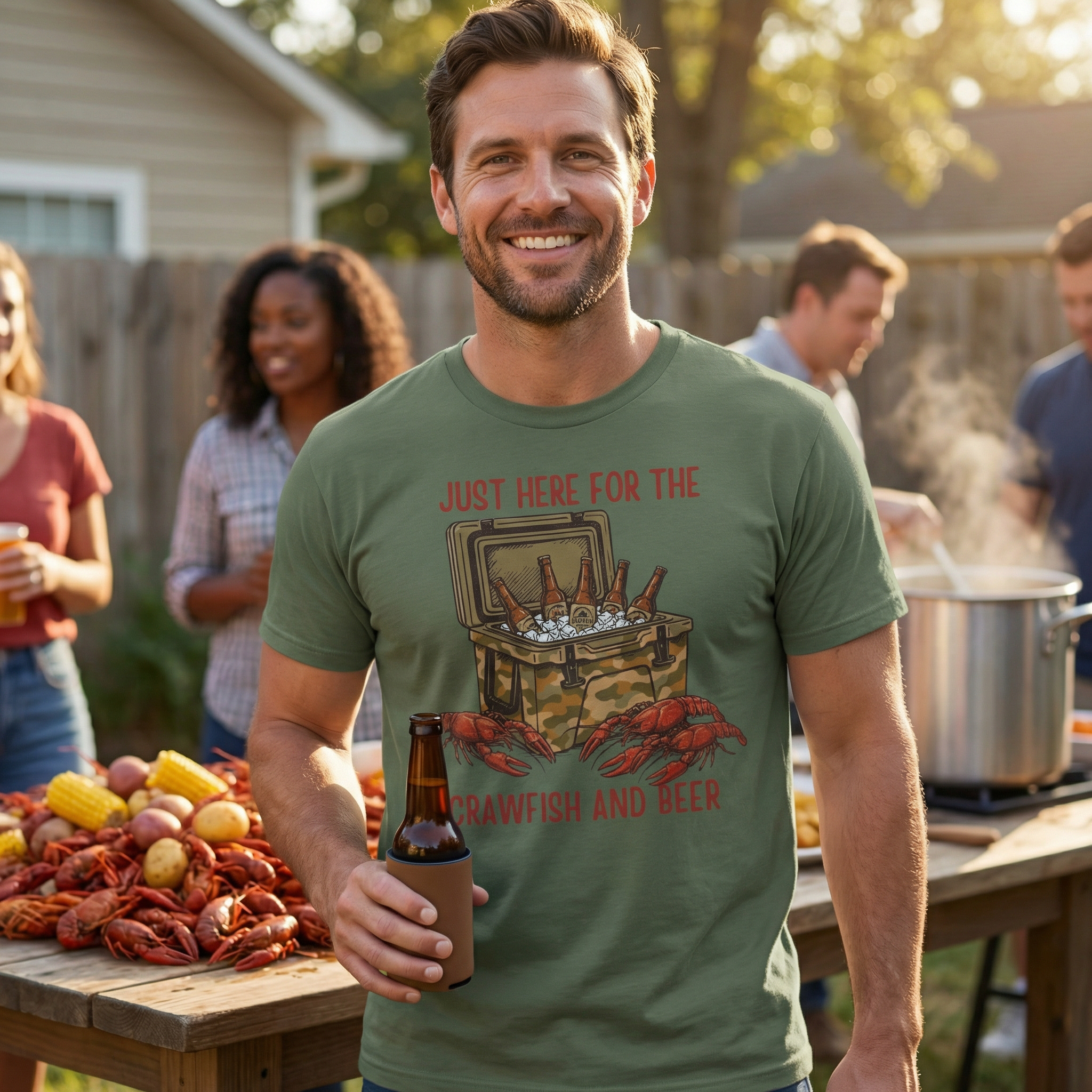 Man wearing a green t-shirt with crawfish and beer graphic, holding a beer, standing at a outdoor gathering.