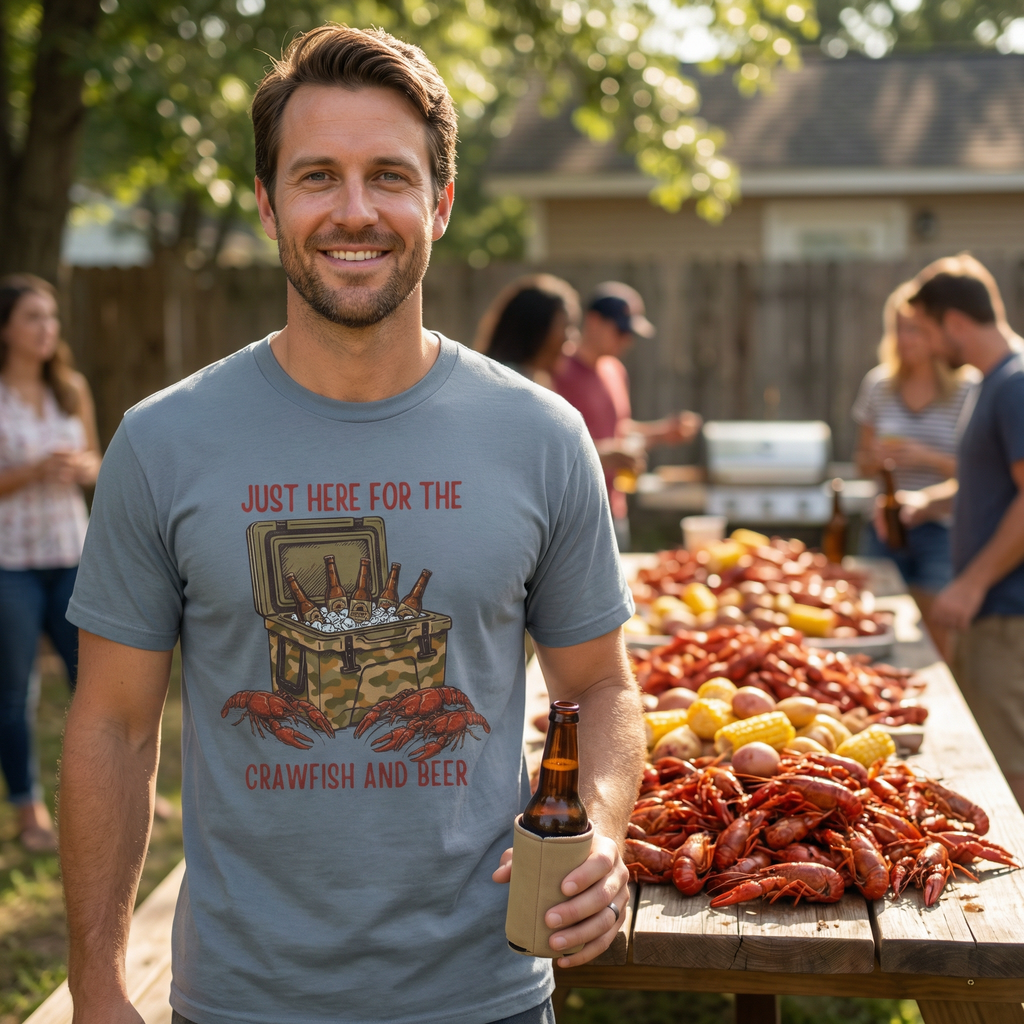 Man wearing a crawfish t-shirt with crawfish and beer graphic, holding a beer, standing in front of a table with crawfish and people in the background.