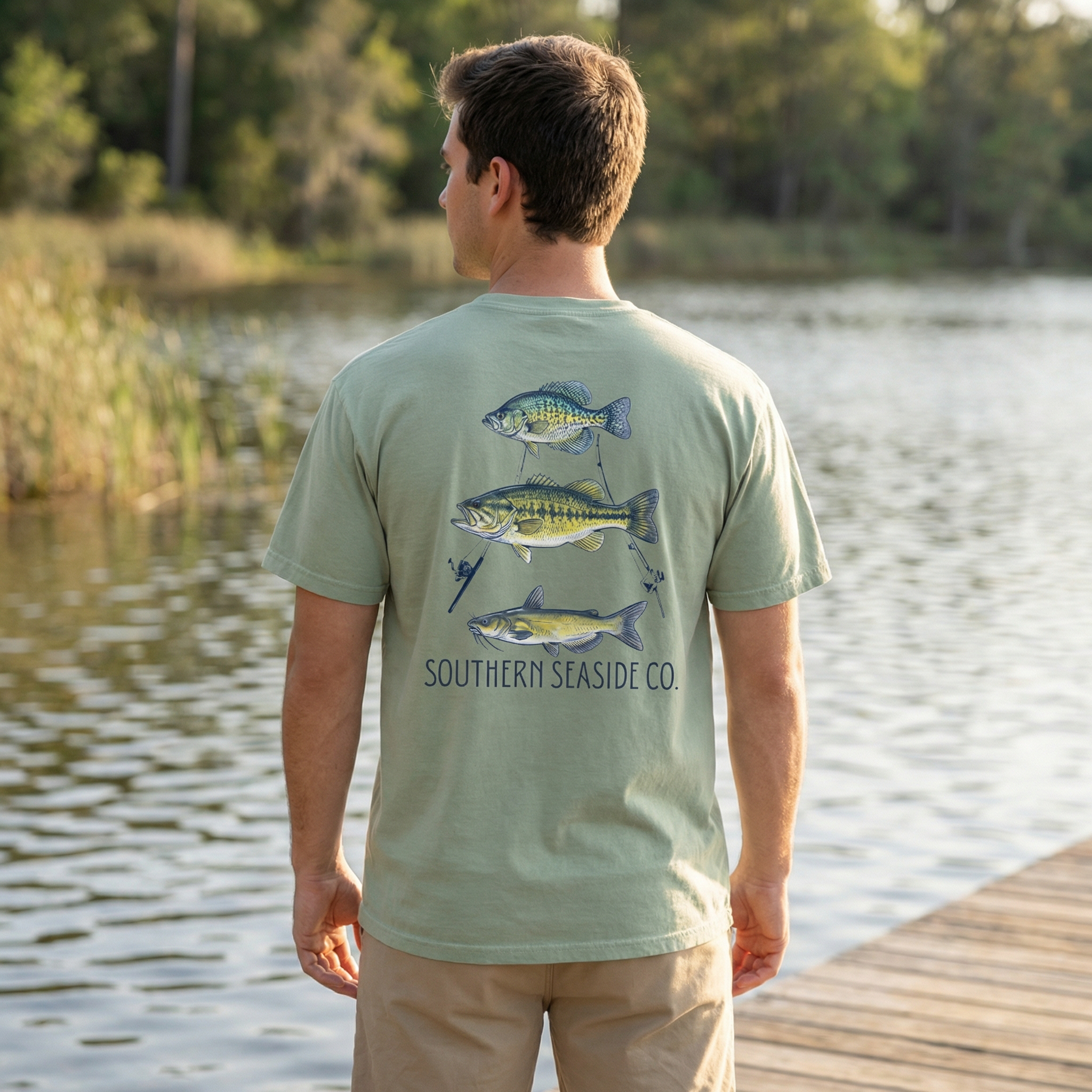 Man wearing a green t-shirt with fish graphics of a crappie, a bass, and a catfish with the 'Southern Seaside Co.' logo 