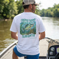 Man on a boat wearing a crappie fishing design white t-shirt 