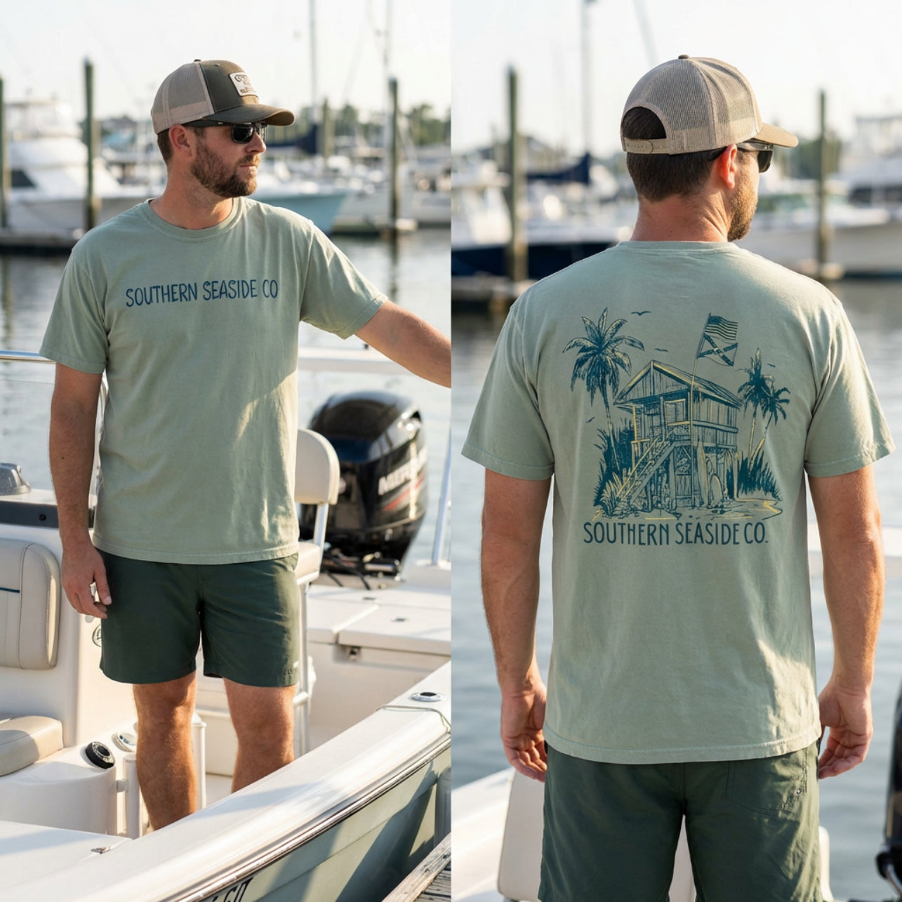 Man wearing a light green t-shirt with 'Southern Seaside Co' branding on a boat.