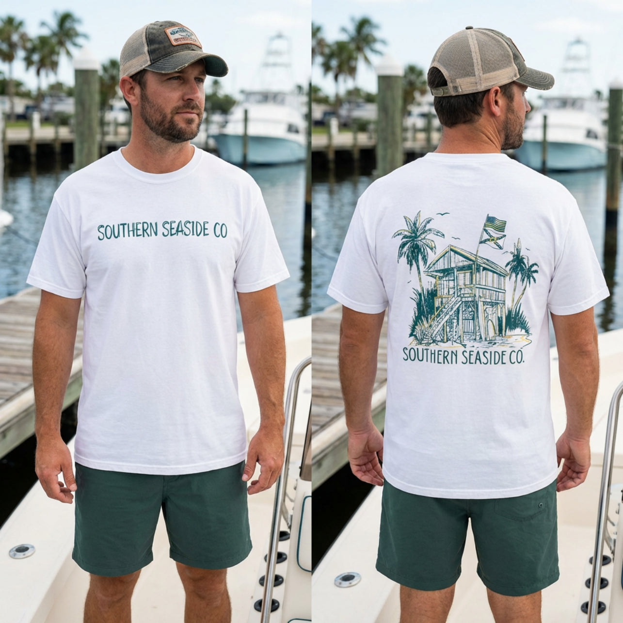Man wearing a white t-shirt with 'Southern Seaside Co' branding, standing on a boat.