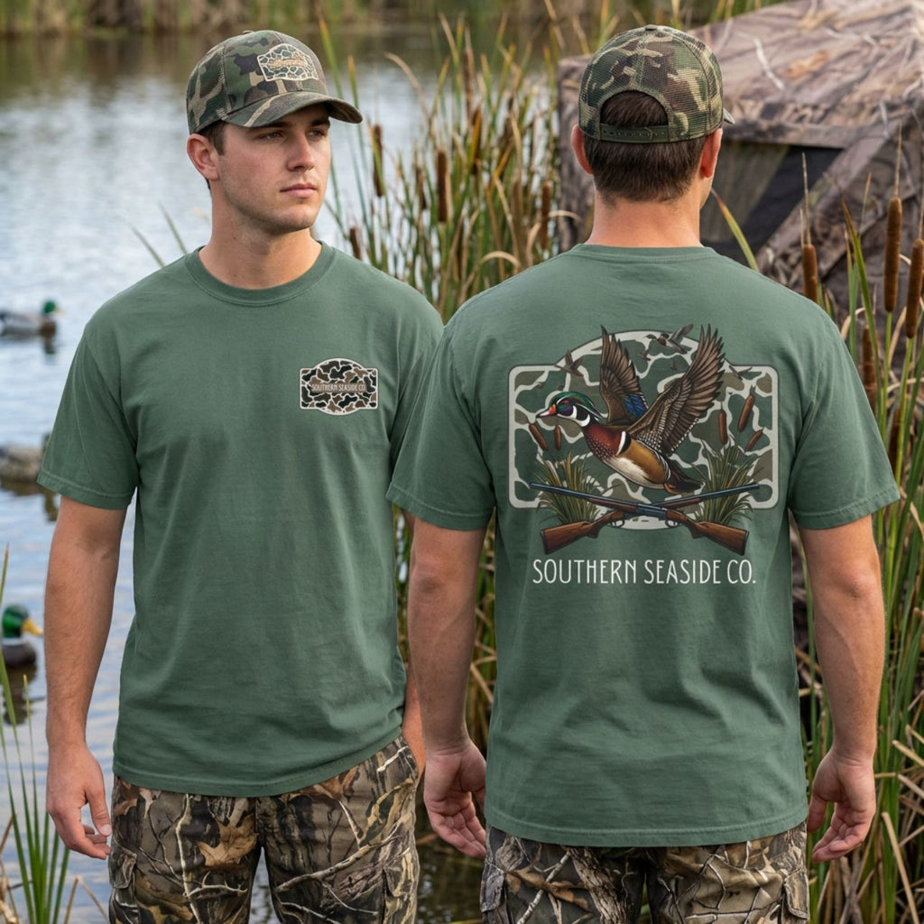 Duck hunting tshirt with camo print and wood duck image