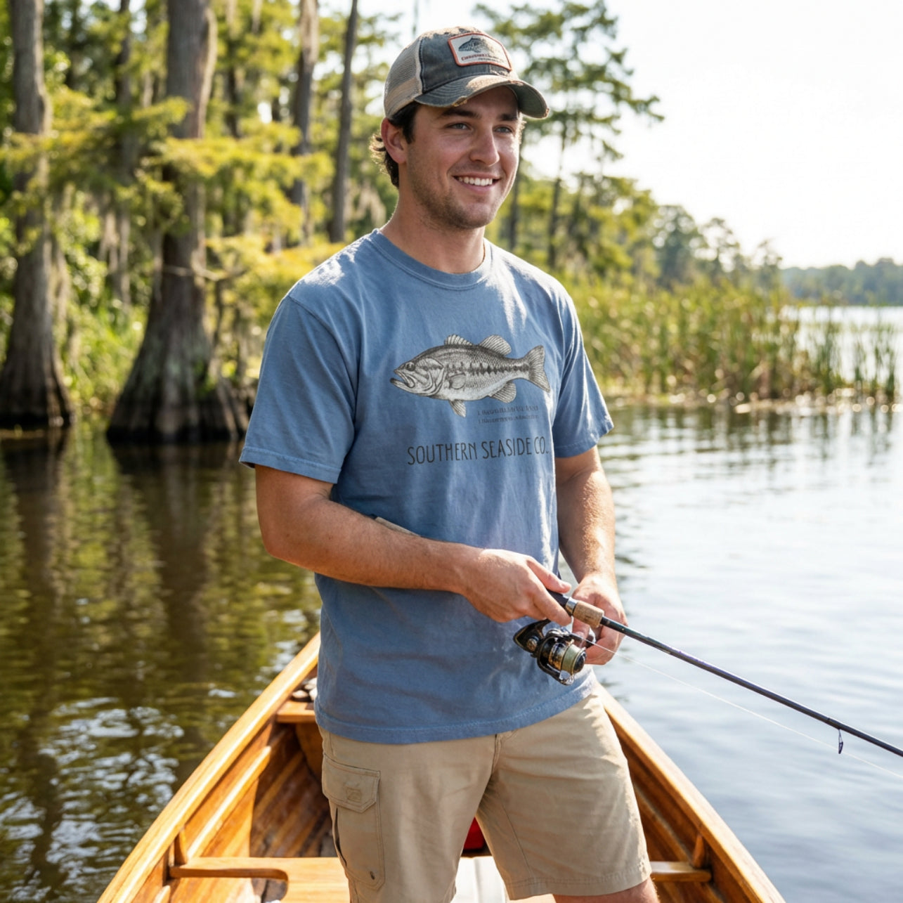 A man wearing a bass fishing shirt.
