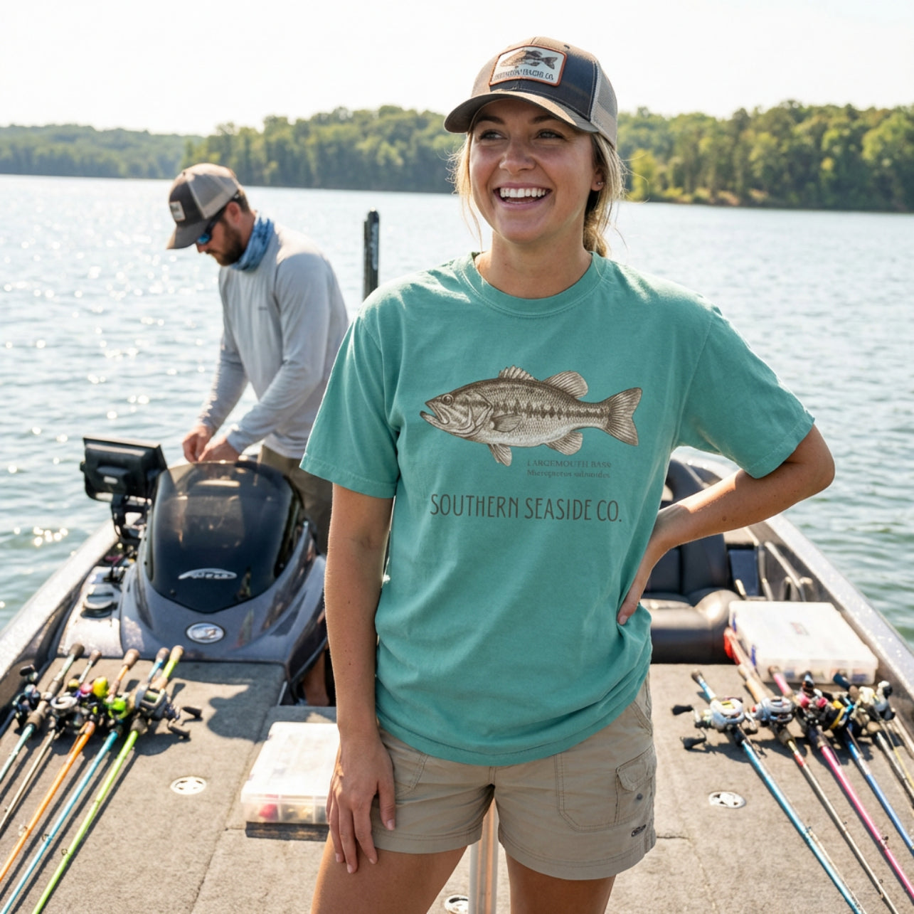 A woman wearing a bass fishing tshirt 