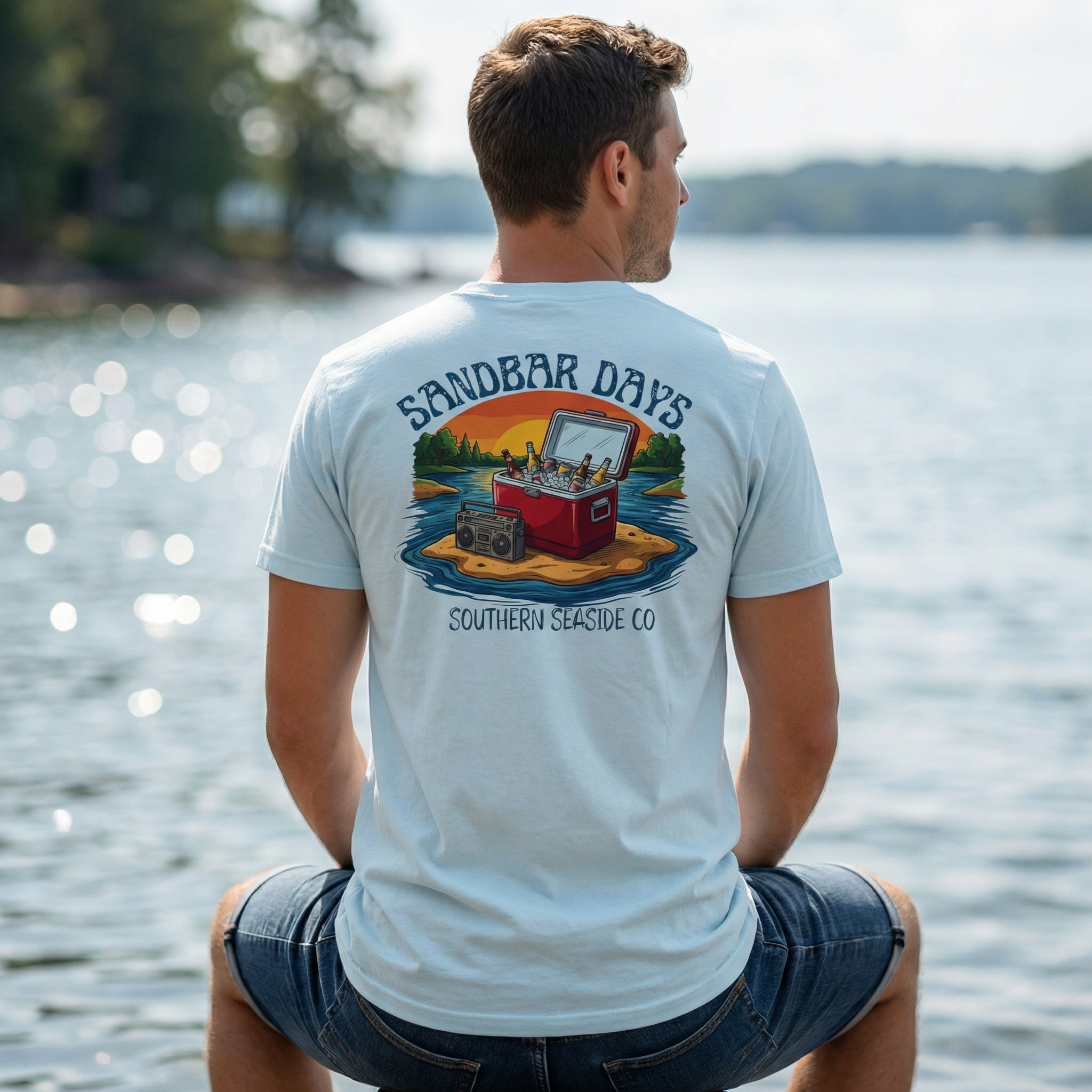 Man wearing a t-shirt with 'Sandbar Days' design by Southern Seaside Co. sitting by a lake.